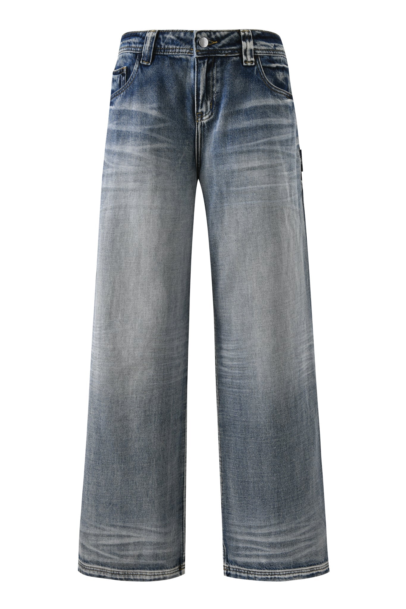 The PALISADE JEAN - BLUE by I.AM.GIA features a relaxed, wide-leg fit with a faded, worn-in look, front pockets, belt loops, visible thigh creases, and a button waist closure.