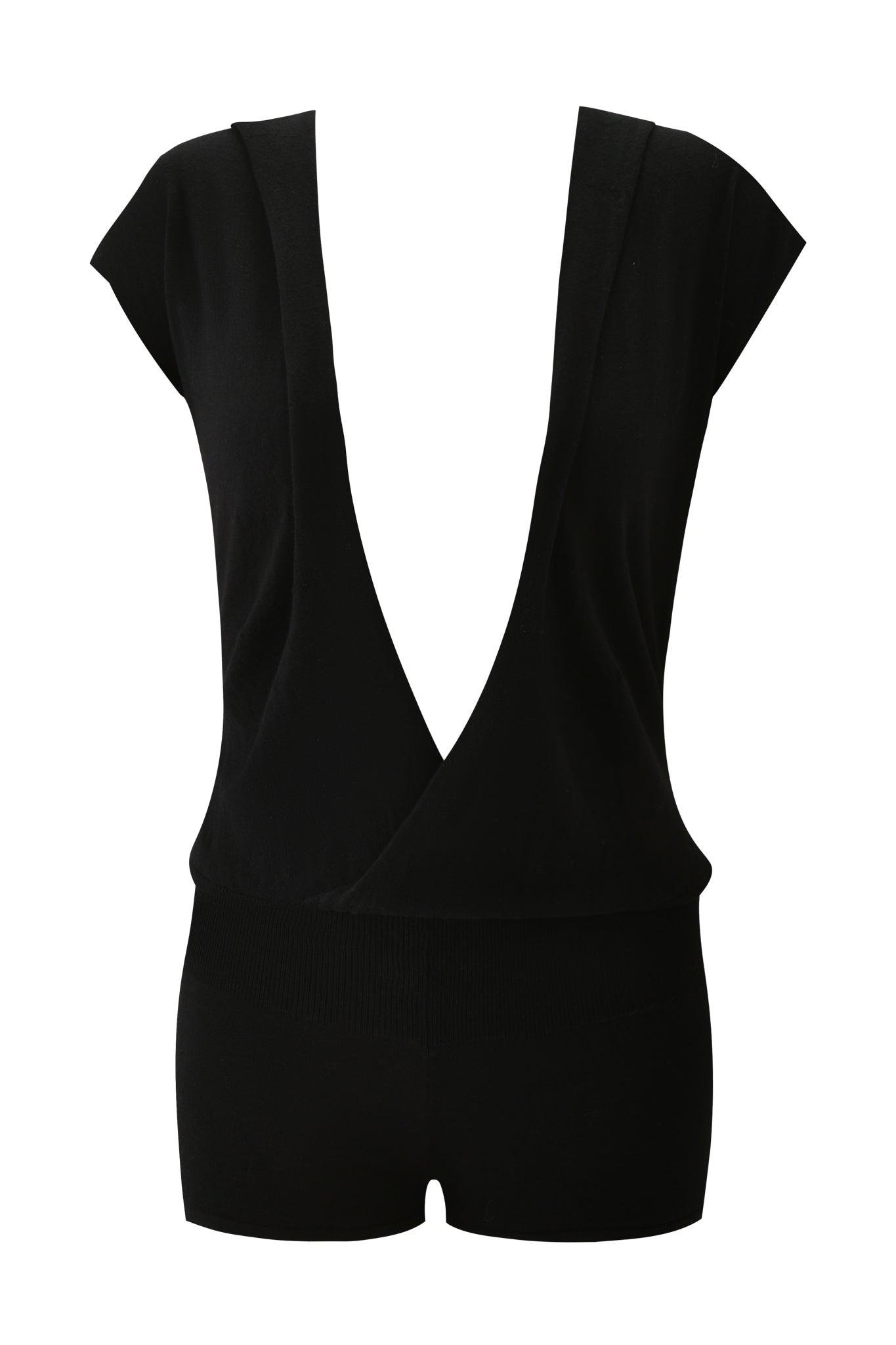 The NIMA PLAYSUIT by I.AM.GIA is a black hooded playsuit with short sleeves, a plunging neckline, fitted waist, and micro mini shorts—a minimalist, modern design.