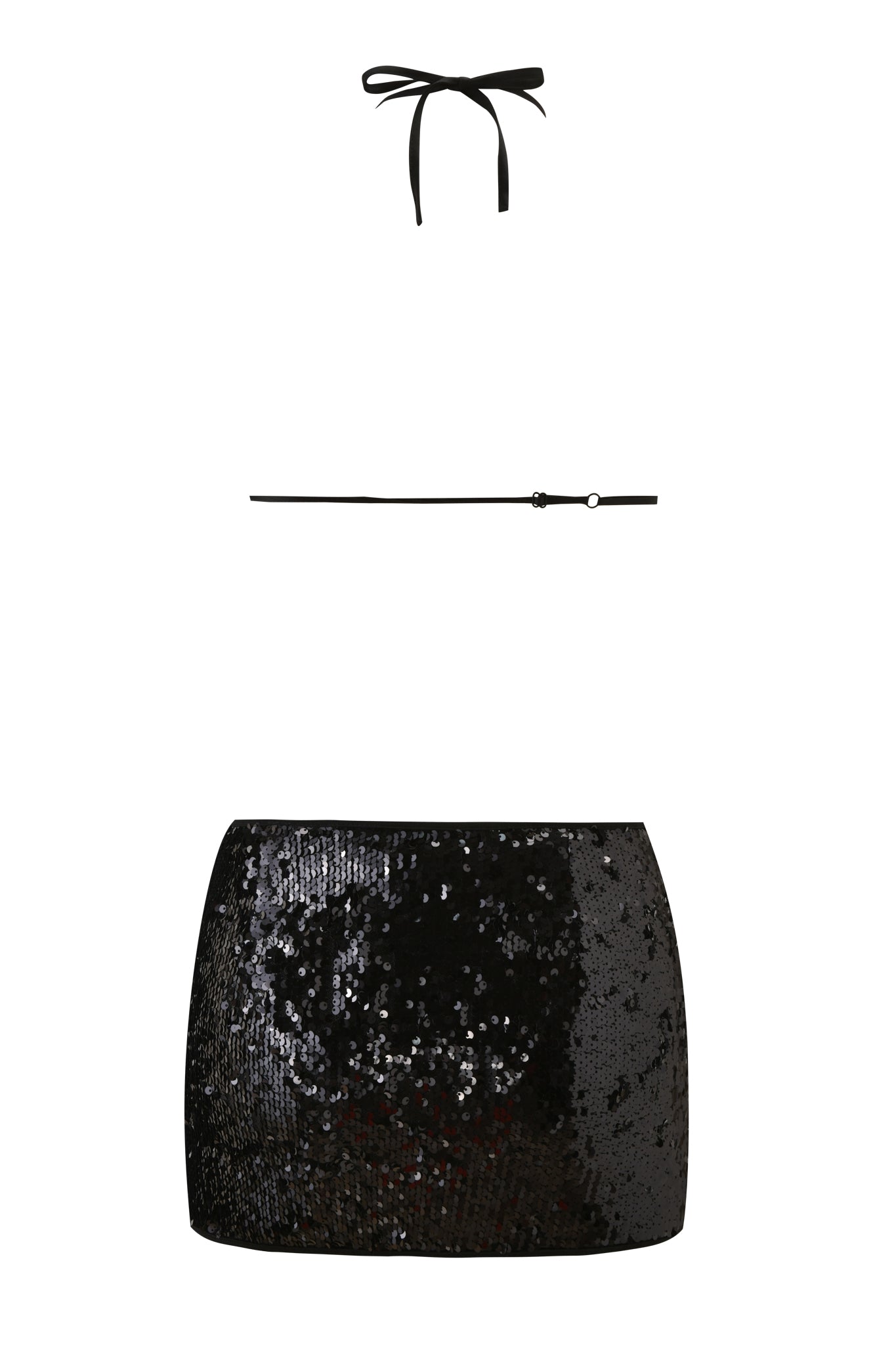 The I.AM.GIA ARIELLA MINI DRESS in black features a halter neck crop top with thin straps and a sequin mini skirt, shown on a white background.