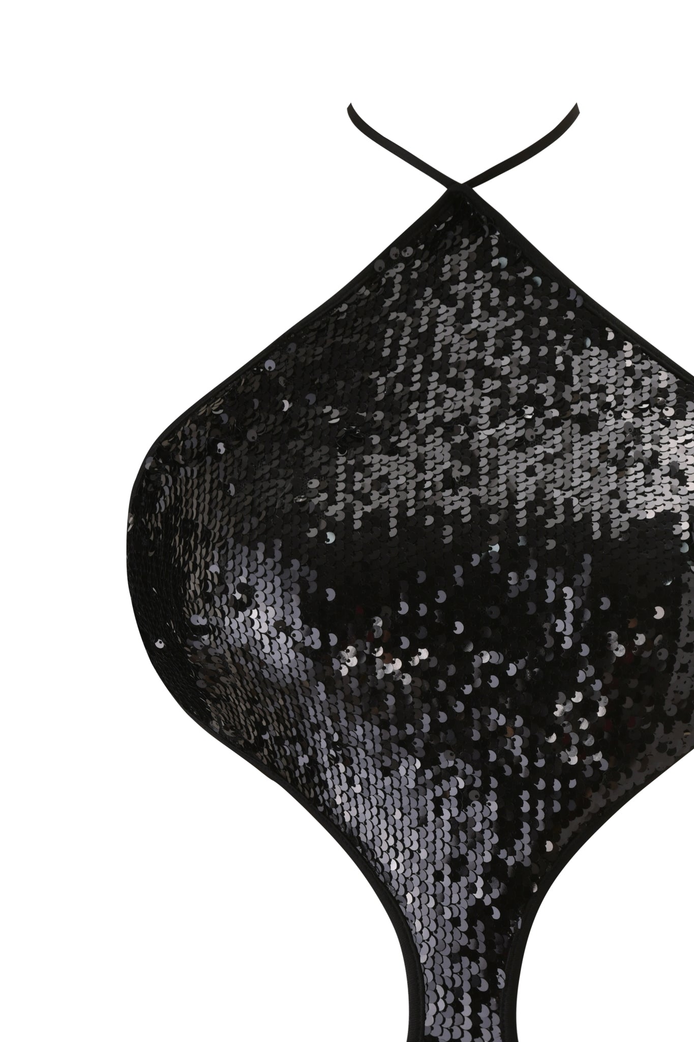 Close-up of the ARIELLA MINI DRESS - BLACK by I.AM.GIA, a chic black sequin mini dress featuring a halter-neck design and glossy, shimmering surface that highlights its bodycon silhouette.