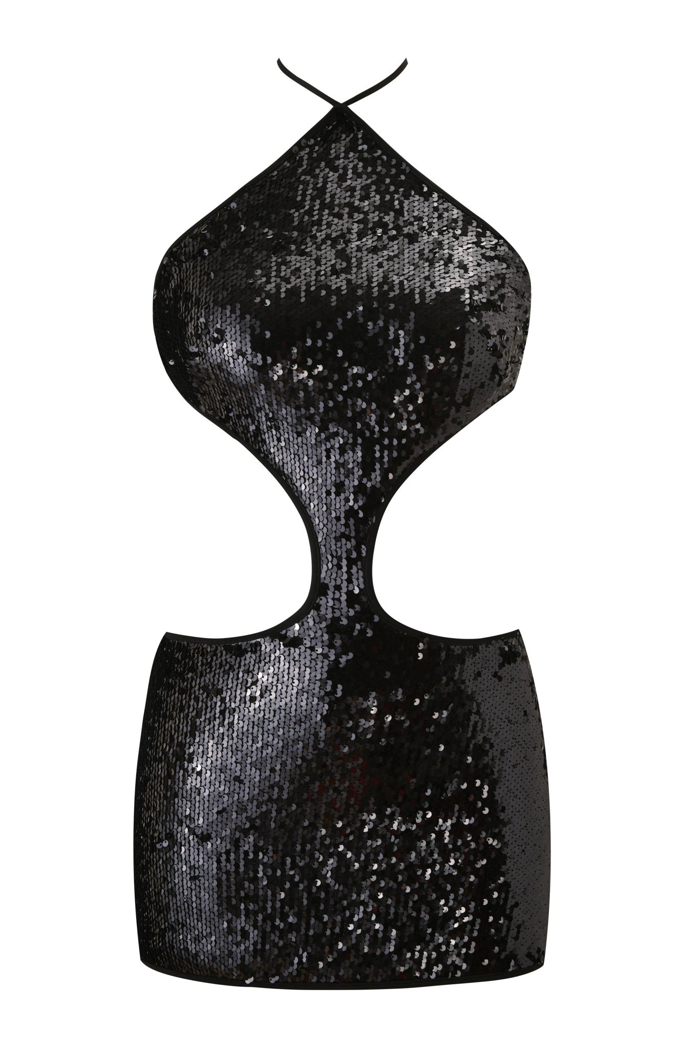 The ARIELLA MINI DRESS - BLACK by I.AM.GIA is a sleeveless sequin mini dress featuring a halter neck, bold side cutouts at the waist, and a fitted silhouette that creates an unforgettable hourglass look.