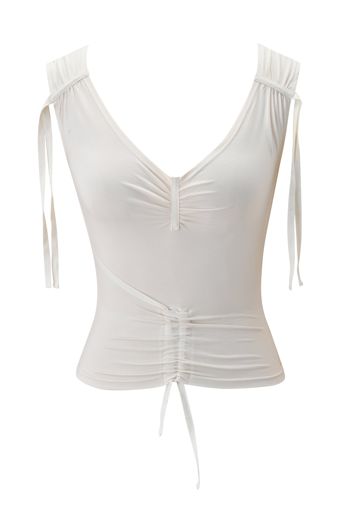 The ASHA TOP - CREAM by I.AM.GIA is a sleeveless, fitted top with a deep V-neck, ruched front, and adjustable ties at the shoulders and waist. Crafted from soft, stretchy fabric for comfort.