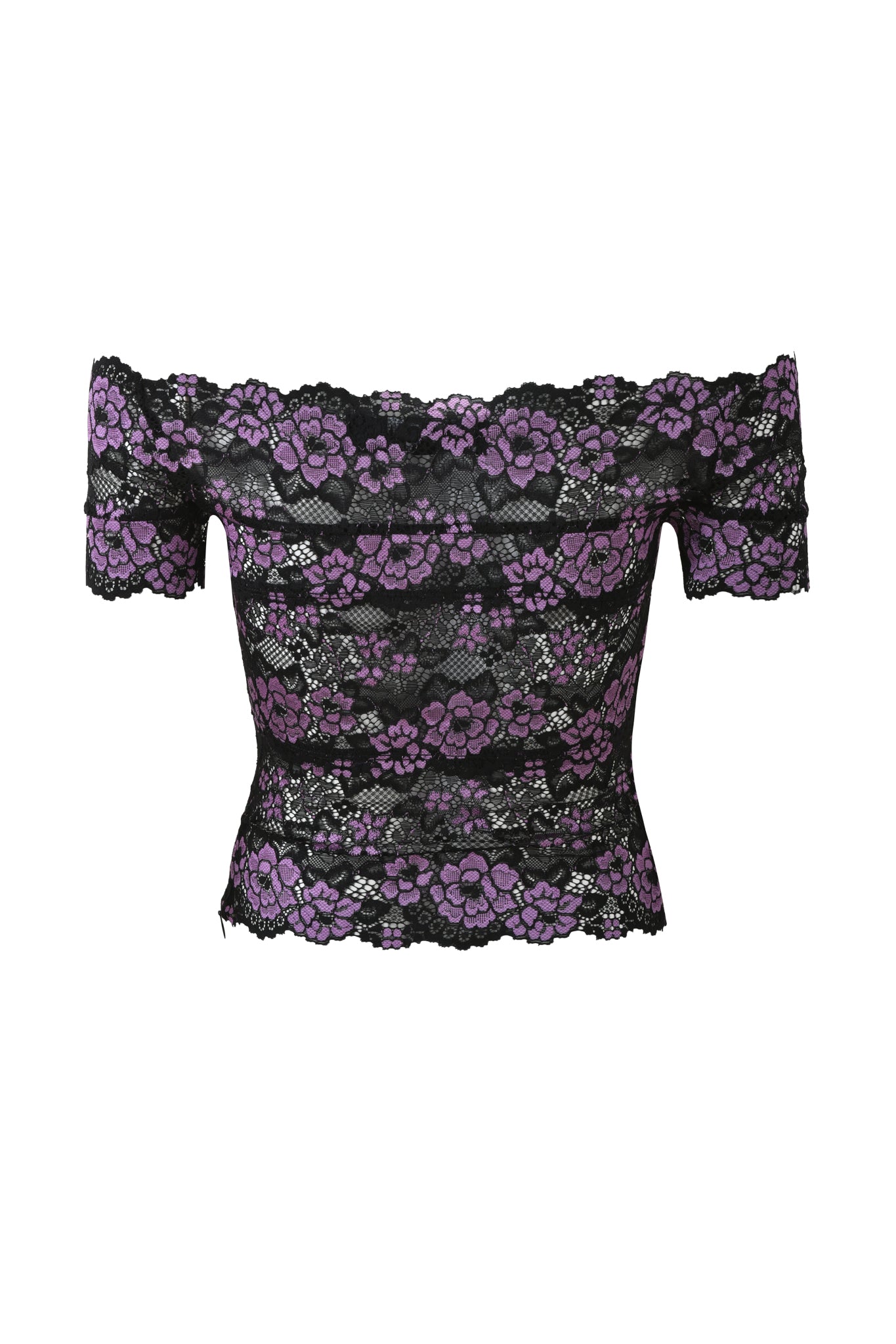 The I.AM.GIA CRYSTAL TOP - PLUM is an off-the-shoulder bodycon crop top with short sleeves, a sheer black lace overlay in a purple floral pattern, fitted silhouette, and scalloped edges.