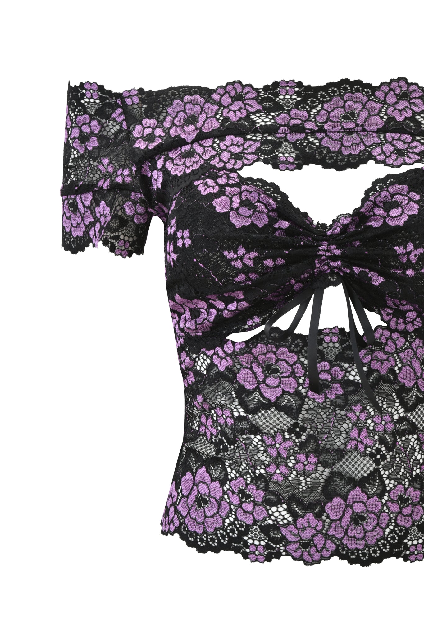 A close-up of the I.AM.GIA CRYSTAL TOP - PLUM, a bodycon crop top with black lace, purple floral patterns, a sweetheart neckline, twisted front detail, and a sheer delicate texture.