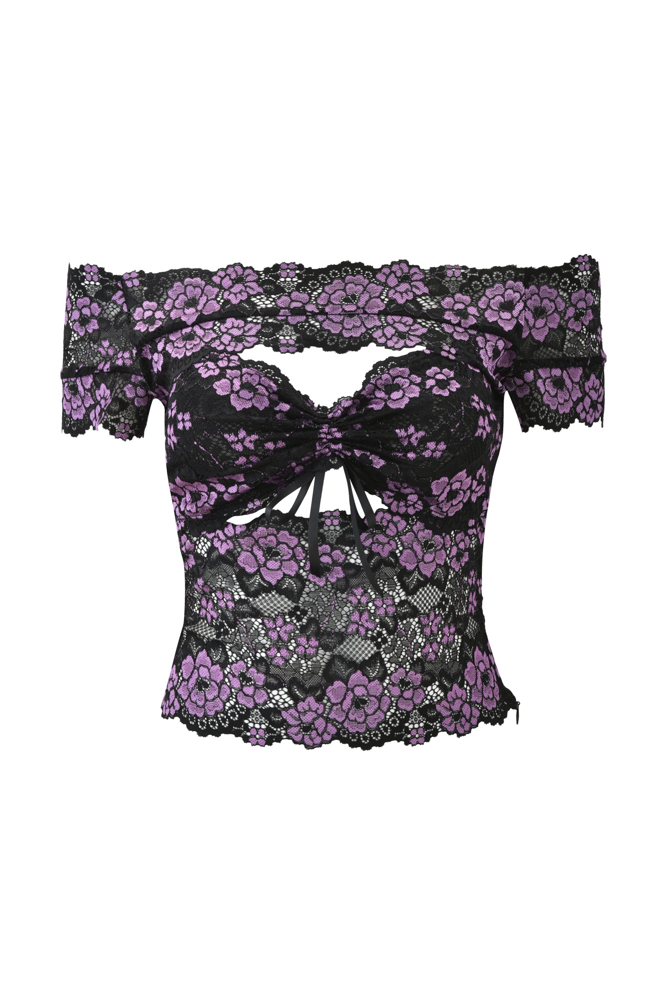 The CRYSTAL TOP - PLUM by I.AM.GIA is a purple lace, off-the-shoulder crop top with black floral patterns, a front keyhole cutout, and a fitted, sheer bodycon design.