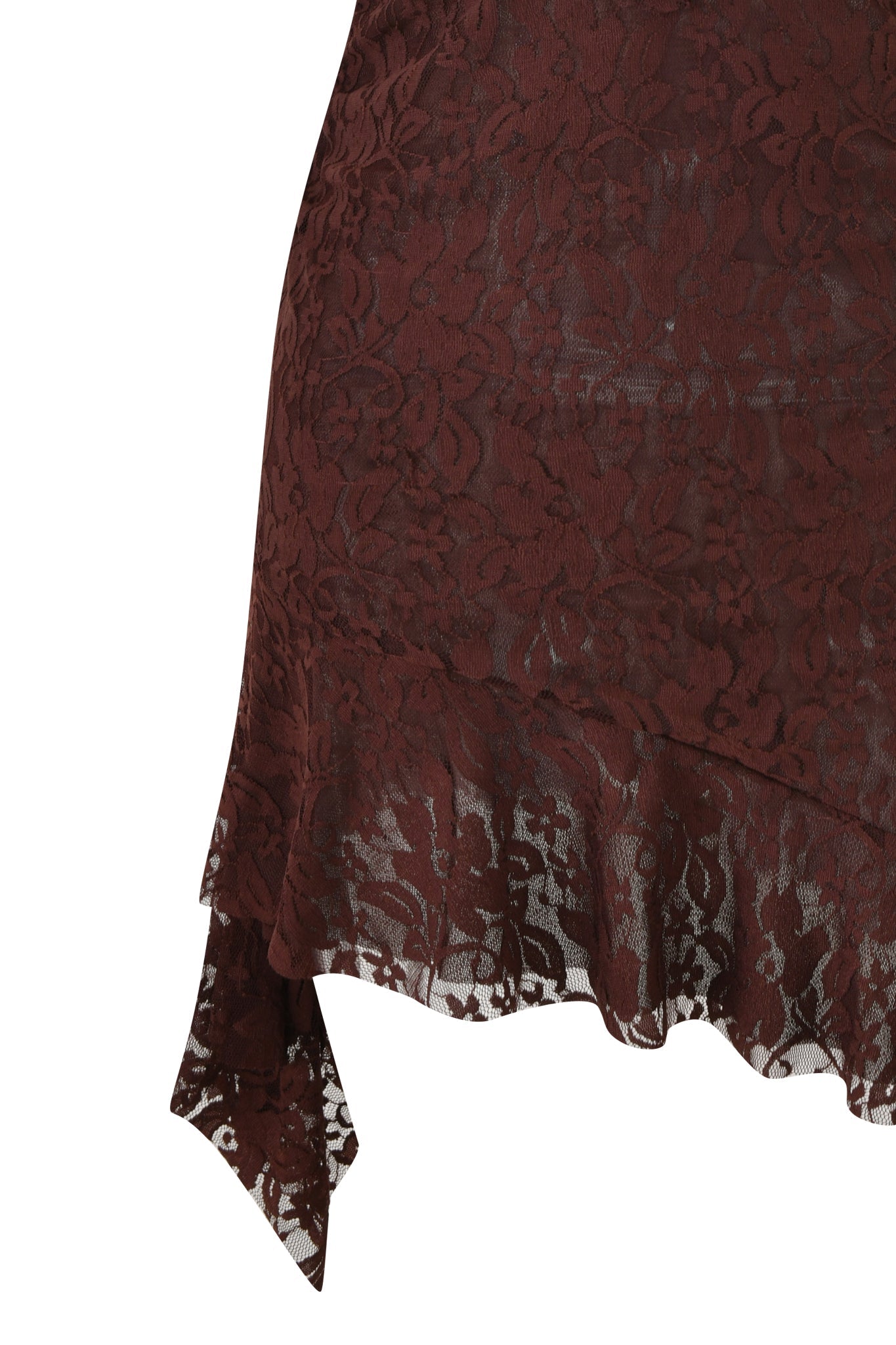 Close-up of the VIRA LACE HALTER RUFFLE MINI DRESS in chocolate brown by I.AM.GIA, highlighting the sheer floral lace and asymmetrical ruffled hem, reminiscent of delicate detail seen in lace dresses or mini bodycon styles.