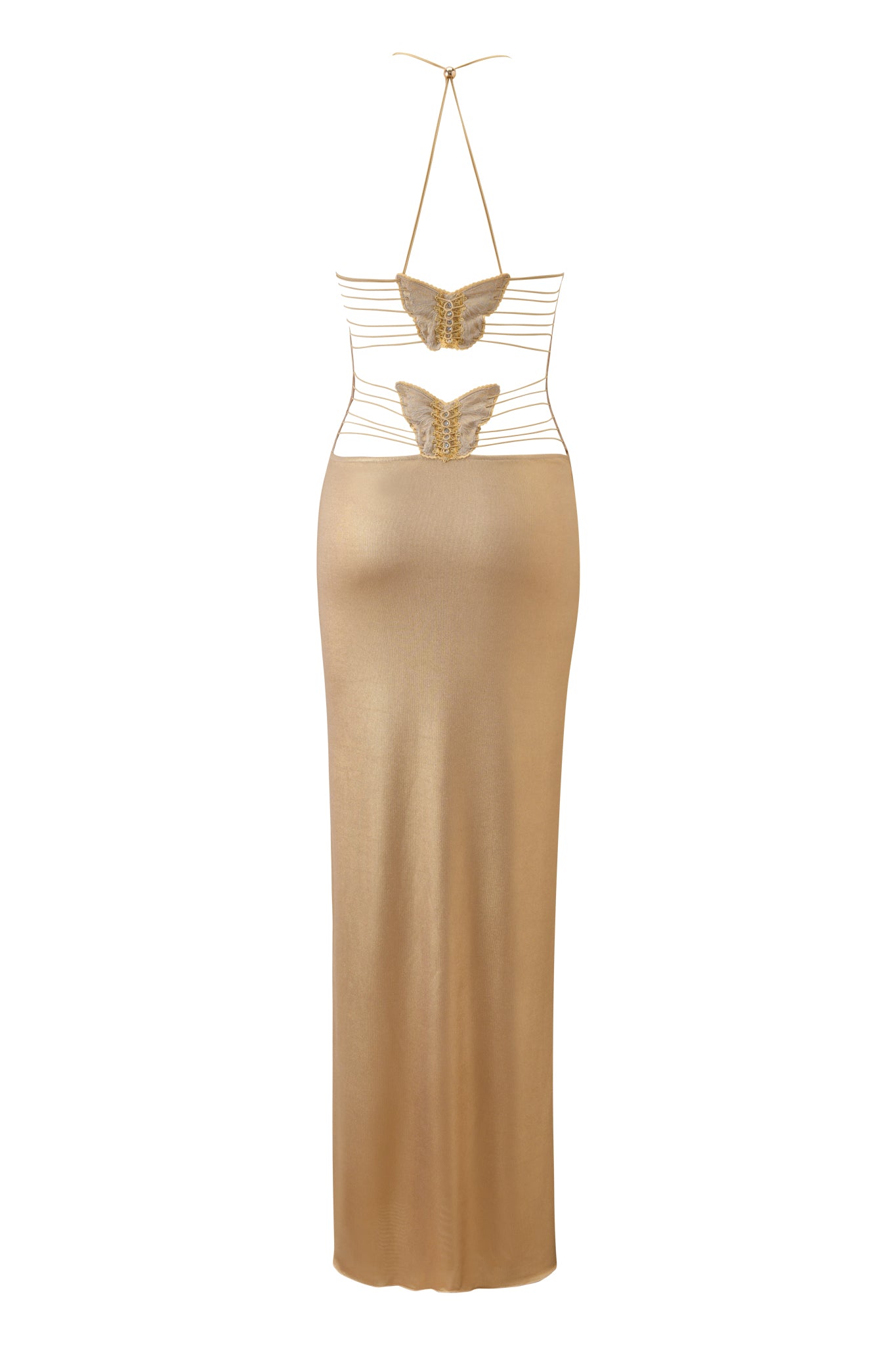 The ELLERY MAXI DRESS - GOLD by I.AM.GIA features a fitted, floor-length halter silhouette with butterfly-shaped bodice accents and thin horizontal waist straps.