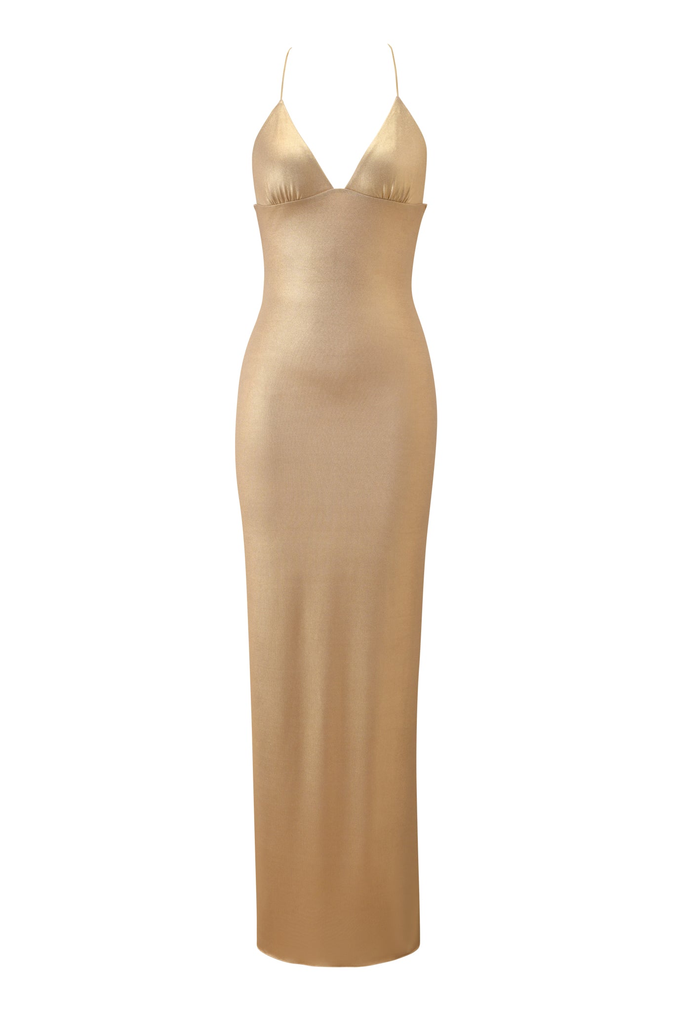 The I.AM.GIA ELLERY MAXI DRESS - GOLD is a sleeveless, floor-length bodycon dress with thin straps, a deep V-neckline, and a shiny finish—perfect for adding effortless elegance to any occasion.