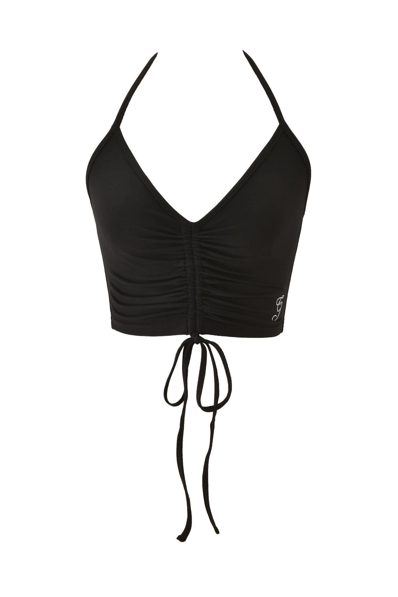 The I.AM.GIA HALO TOP - SOLID BLACK is a cropped halterneck in soft bamboo jersey, featuring a deep V-neckline, ruched center detail, and front adjustable drawstrings for sleek, effortless style.