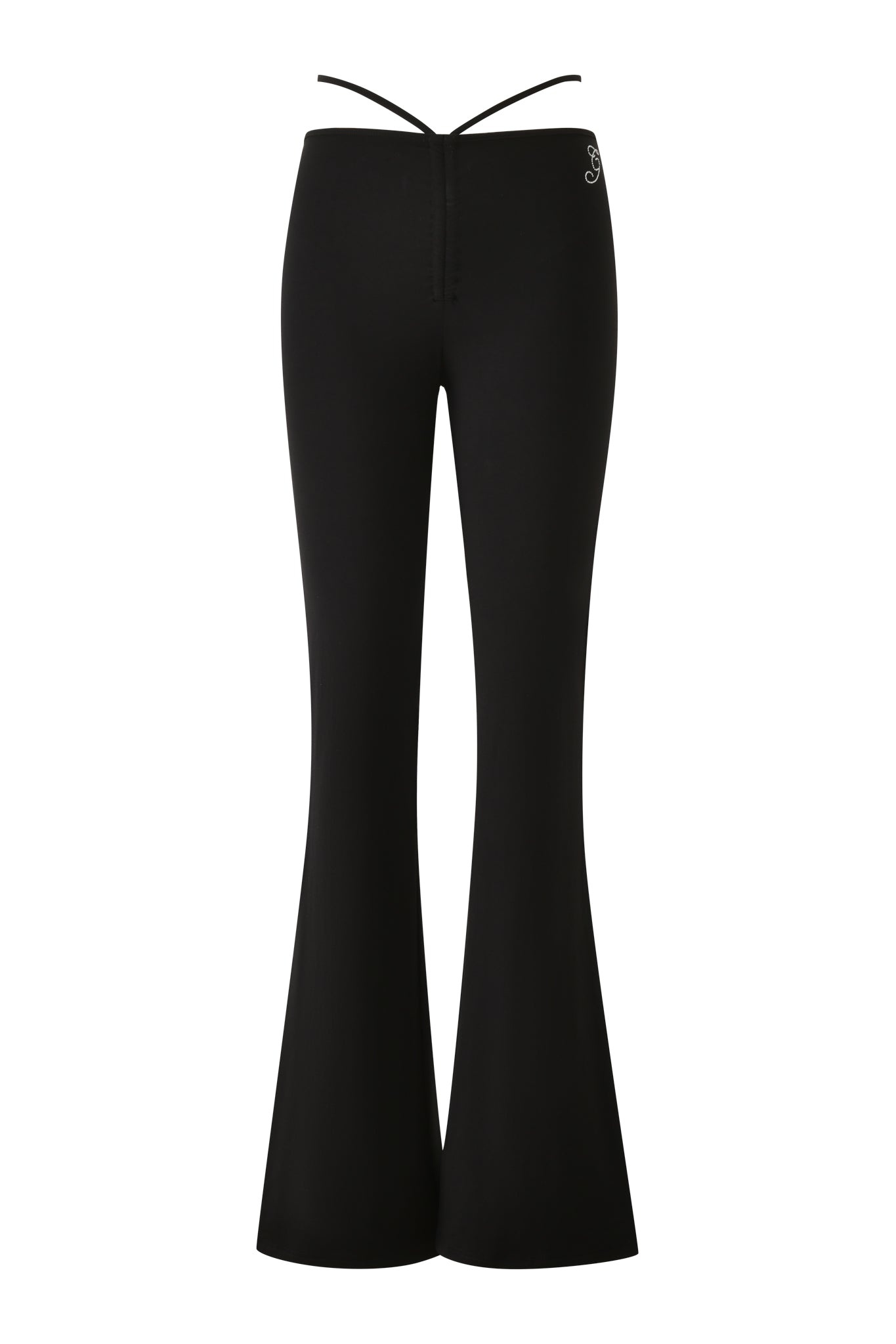 The HALO PANT - SOLID BLACK by I.AM.GIA features a high-waisted, flared silhouette with a fitted waist, subtle logo on the right hip, and wraparound thin straps that tie at the back for an adjustable fit.