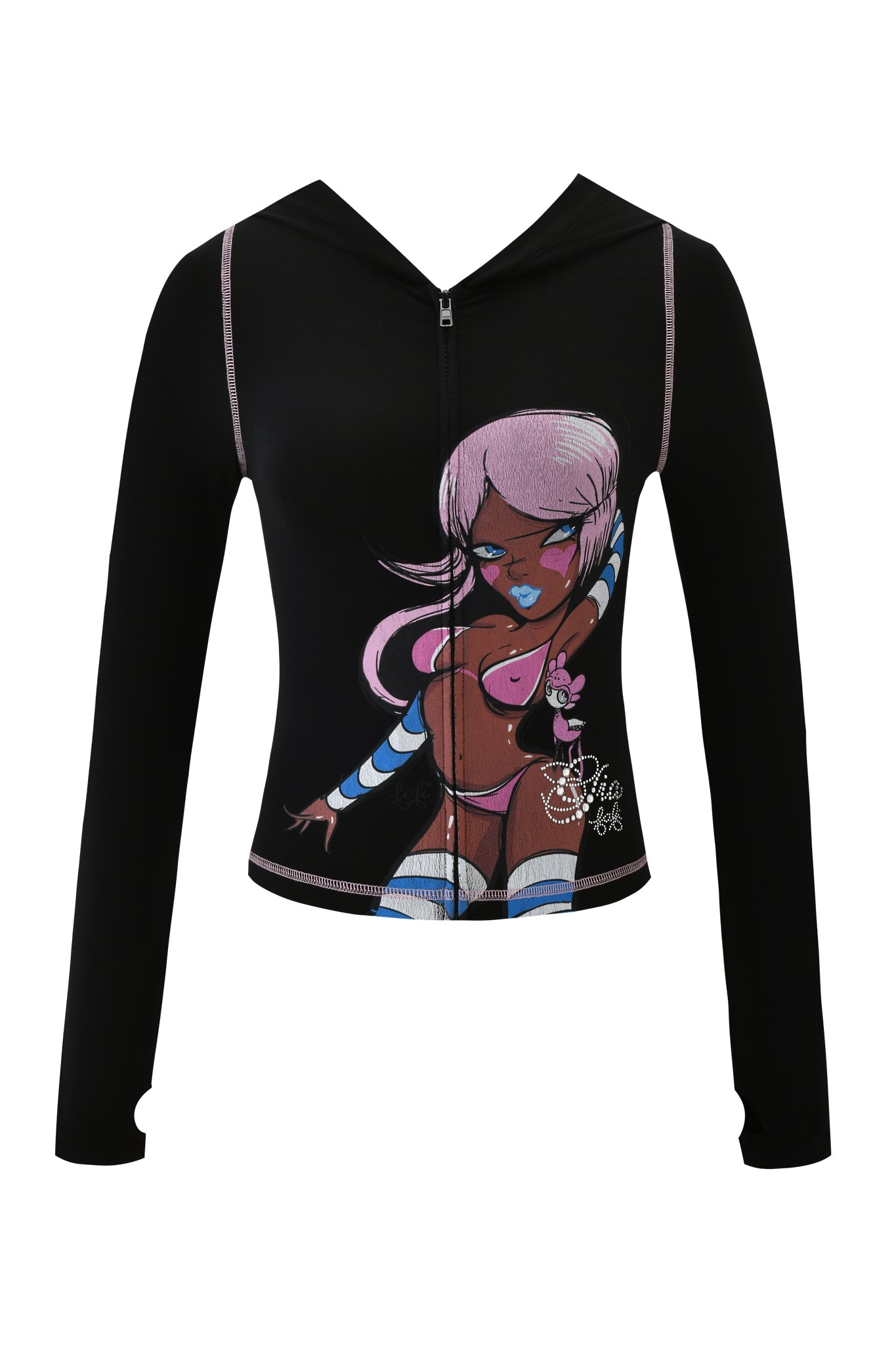 The I.AM.GIA FAFI BLARE HOODIE - BLACK features a vibrant cartoon woman with pink hair, blue lips, and striped socks, inspired by a Fafi collaboration. The bold design covers the front of this zip-up hoodie.