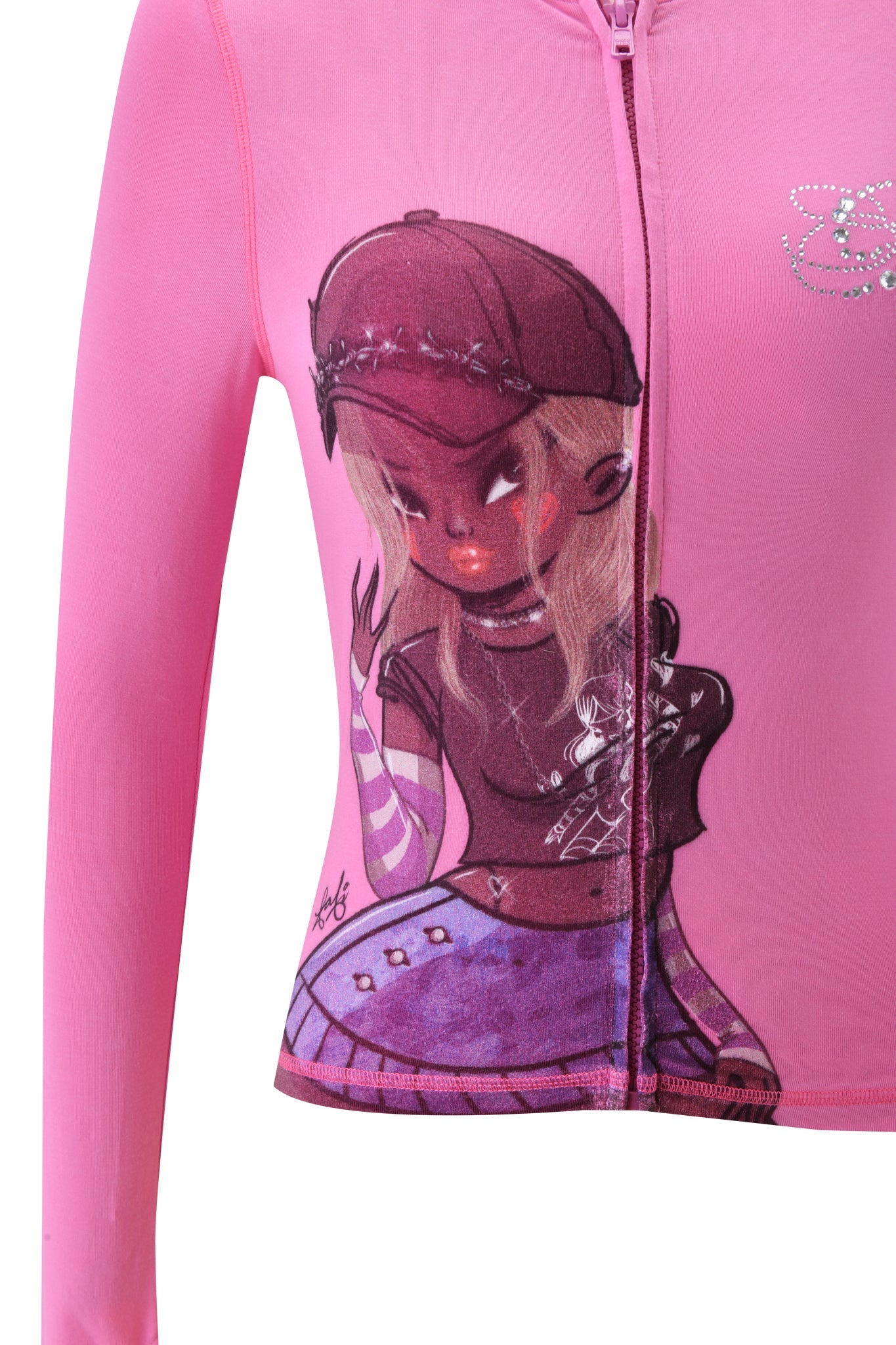 The FAFI BLARE HOODIE by I.AM.GIA in bubblegum pink features a front print of a light-haired girl in a black cap, shirt, purple skirt, and striped sleeves, capturing the playful Fafinette vibe with a zip-up design.