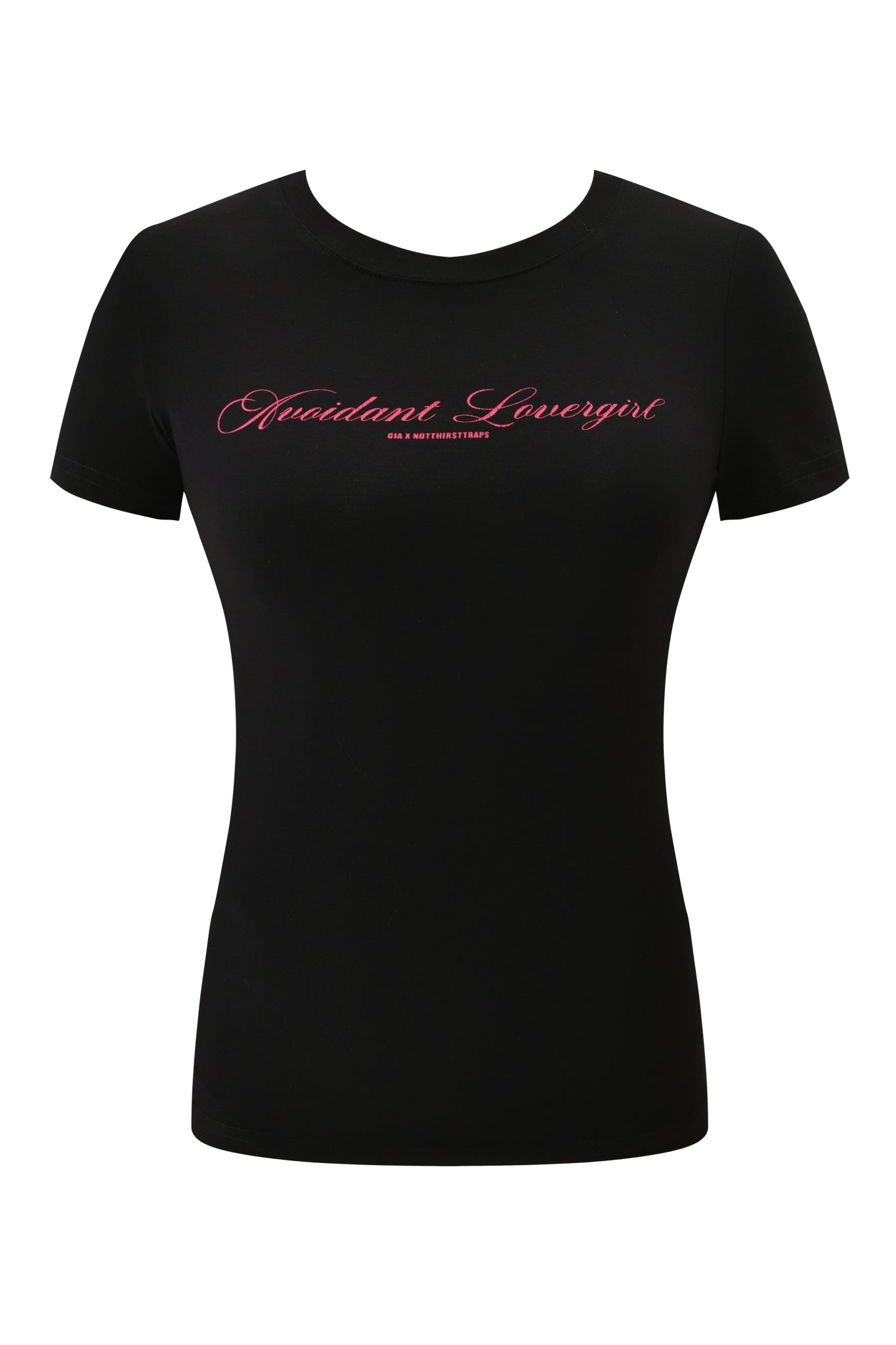 The I.AM.GIA POLINA AVOIDANT 2.0 TEE - BLACK is a fitted cotton baby tee with "Occident Lovergirl" in pink script and smaller text below, featuring short sleeves and a classic crew neckline.