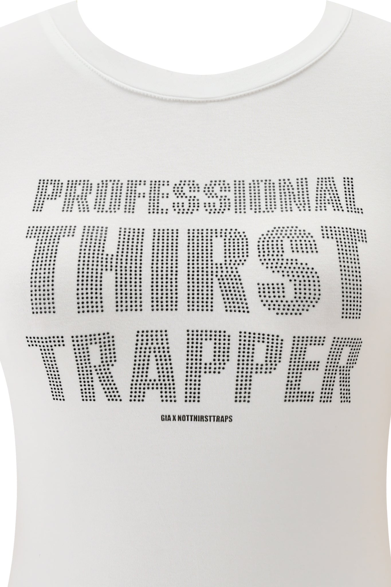 The POLINA THIRSTY TEE - WHITE by I.AM.GIA is a white cotton jersey baby tee featuring black dotted "PROFESSIONAL THIRST TRAPPER" text across the chest, with smaller "GIA X NOTTHIRSTTRAPS" lettering below.