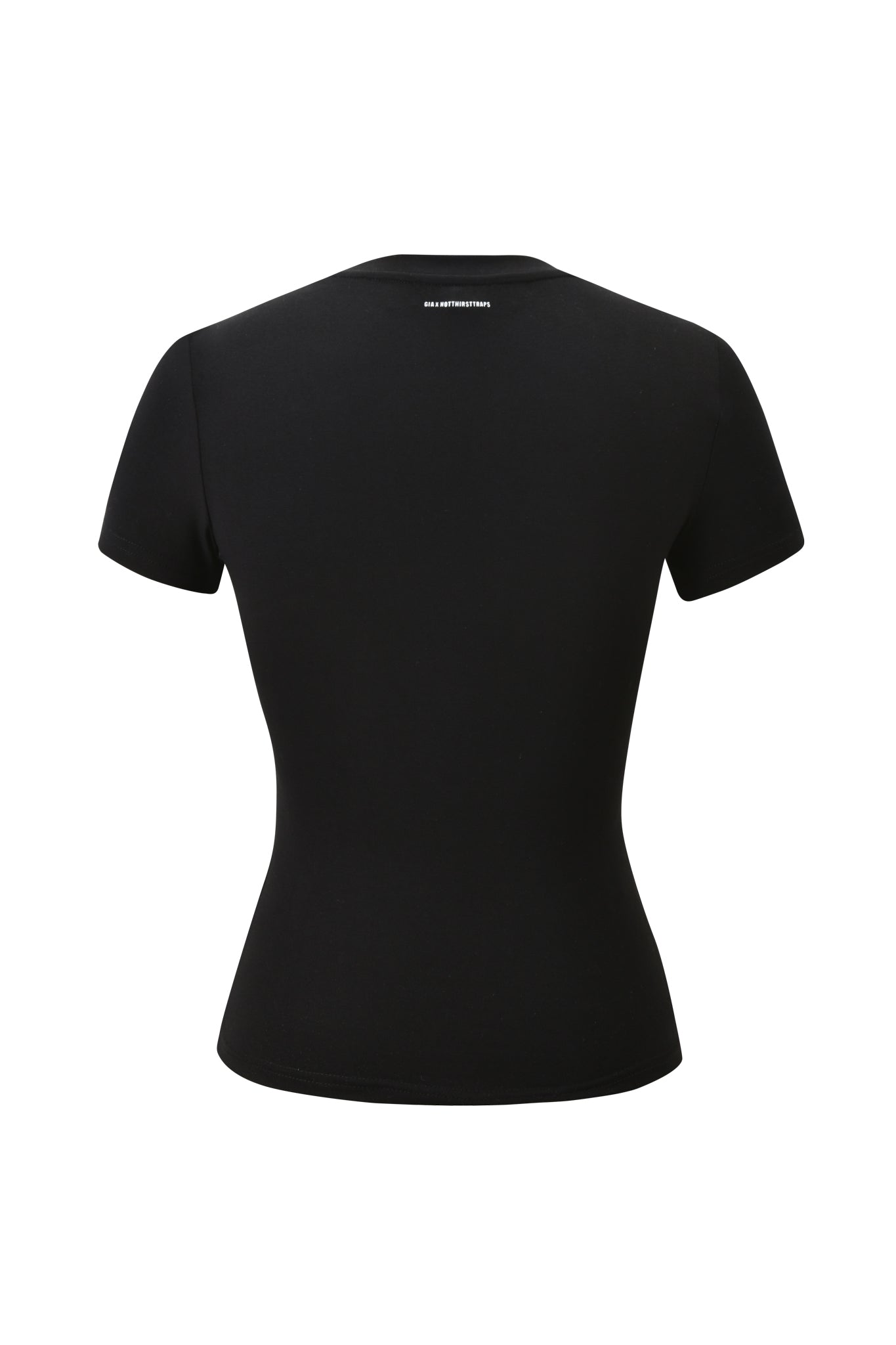 The POLINA TEE - RESEARCH by I.AM.GIA is a fitted black graphic t-shirt shown from the back against a white background, featuring a small white logo near the upper neck.