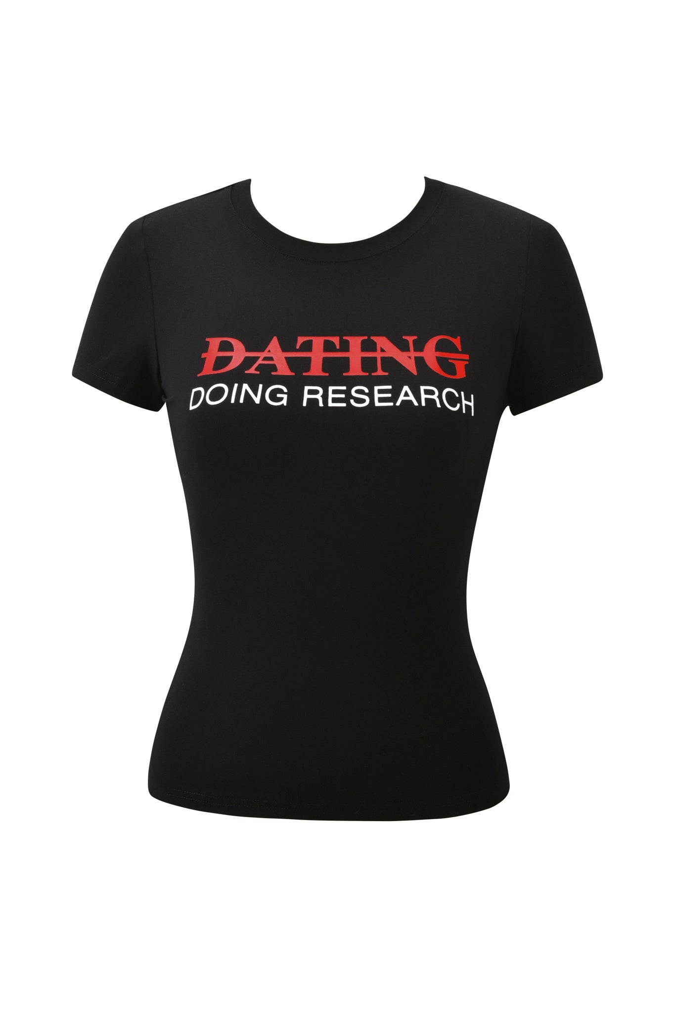 The I.AM.GIA POLINA TEE - RESEARCH is a fitted black graphic t-shirt featuring “DATING” in red crossed out with “DOING RESEARCH” in white below.