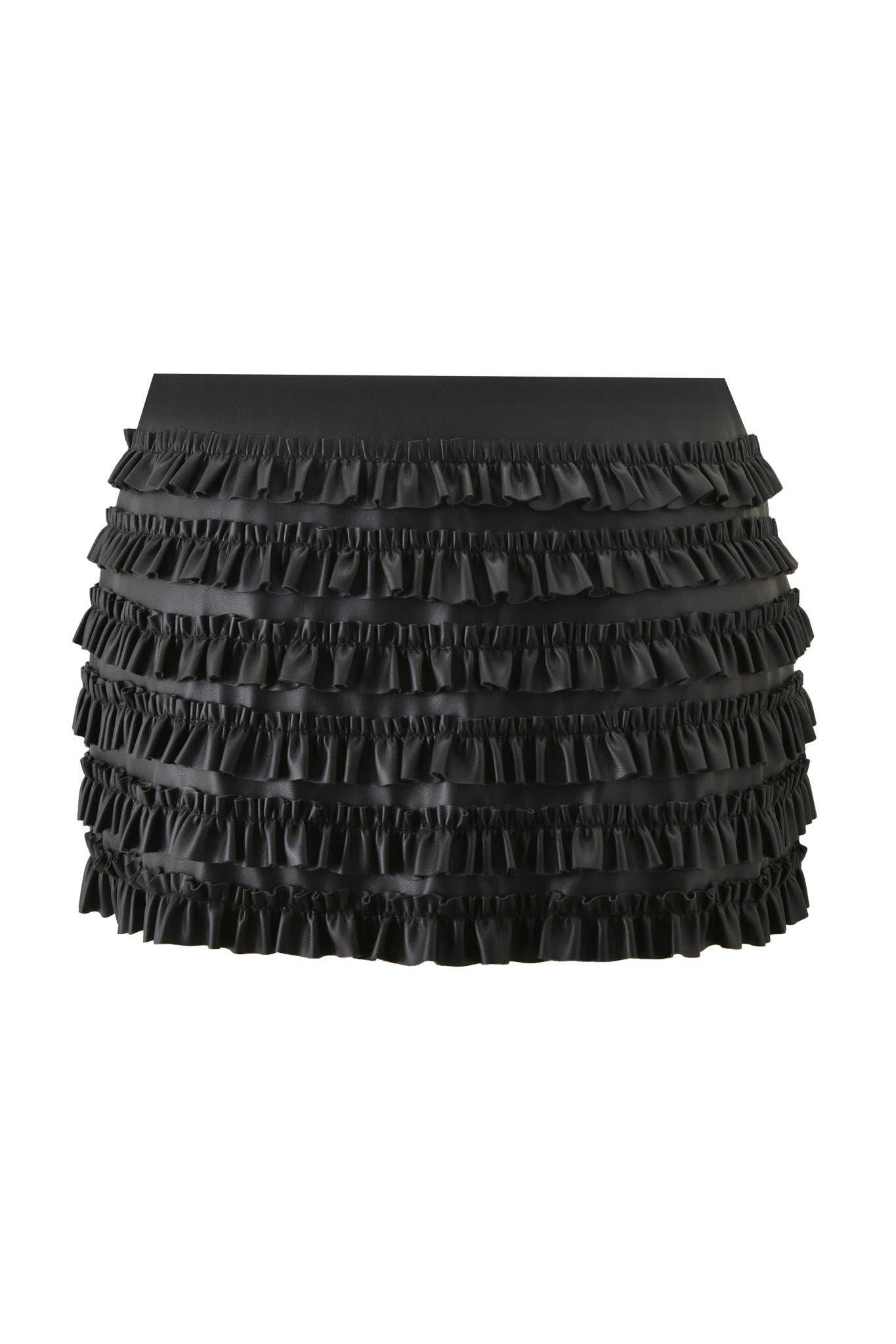 The RIVA MICRO MINI SKIRT by I.AM.GIA is a black faux leather mini skirt with multiple horizontal ruffle layers for a textured, voluminous look, shown against a white background.