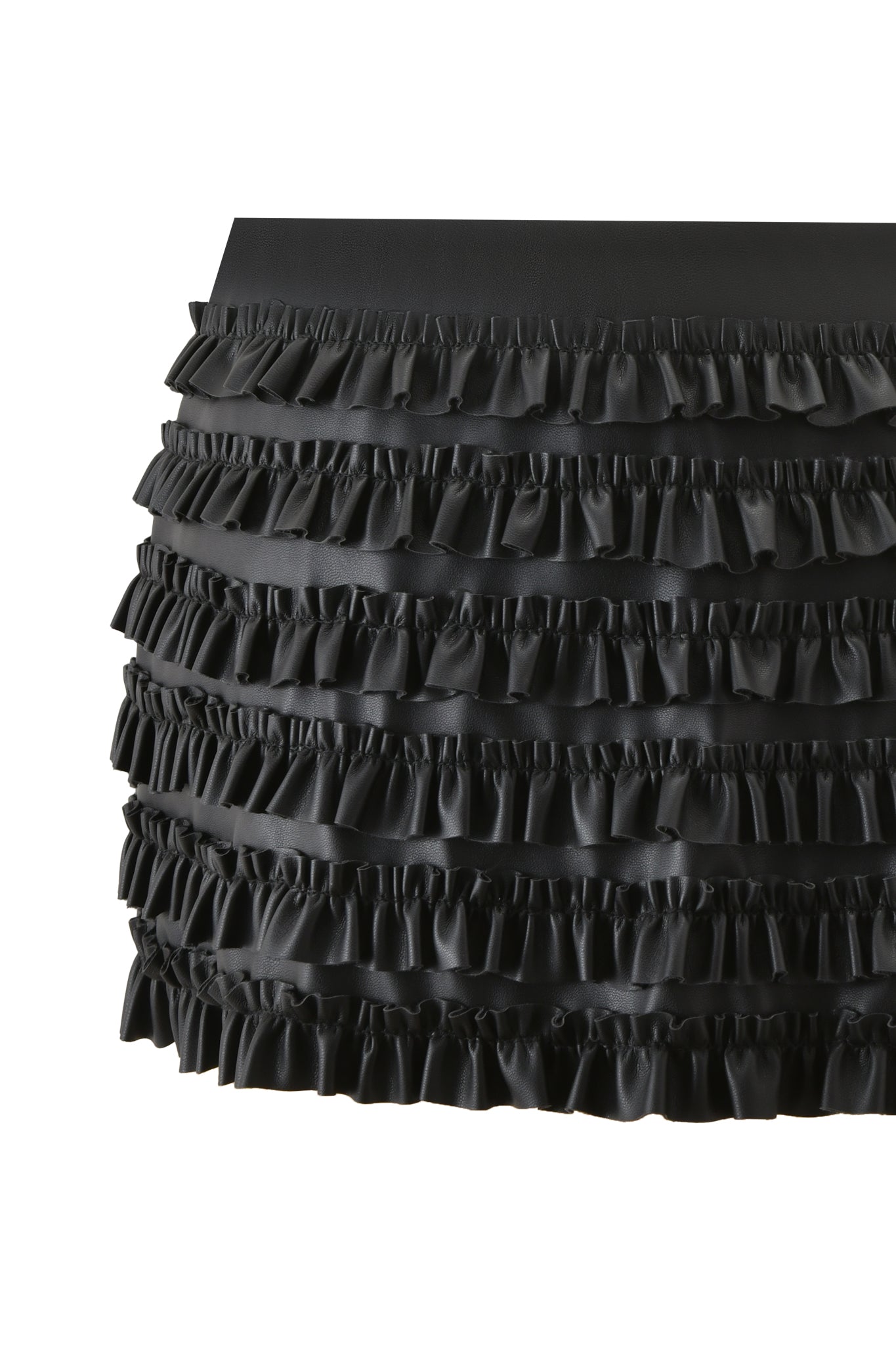 The I.AM.GIA RIVA MICRO MINI SKIRT in black features multiple horizontal ruffled layers for a textured, voluminous look, showcased against a plain white background.
