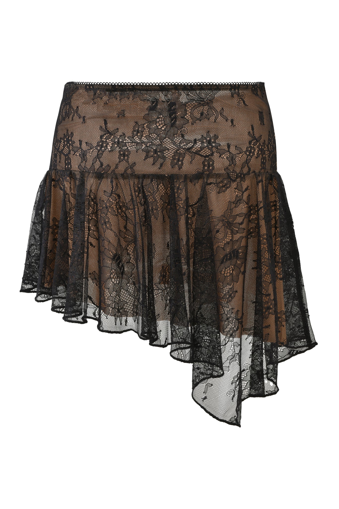 The STEVIE SKIRT - BLACK by I.AM.GIA is a sheer black lace skirt with floral patterns, a nude underlayer, low rise fit, and asymmetrical hemline for dramatic flair.