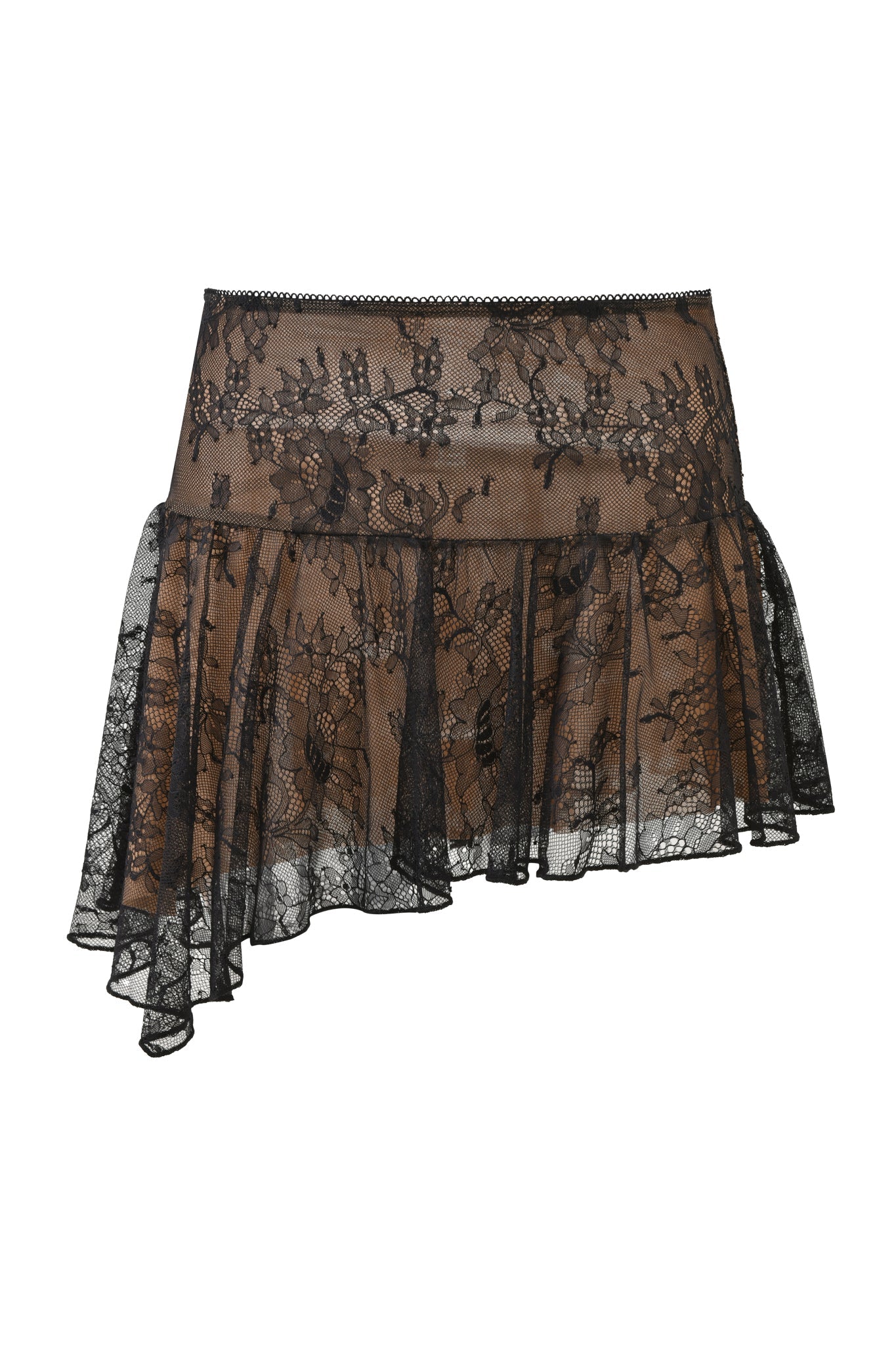 The I.AM.GIA STEVIE SKIRT - BLACK is a chic micro mini skirt with sheer floral lace, wide waistband, and ruffled hem, shown in black with an asymmetrical cut against a white background.