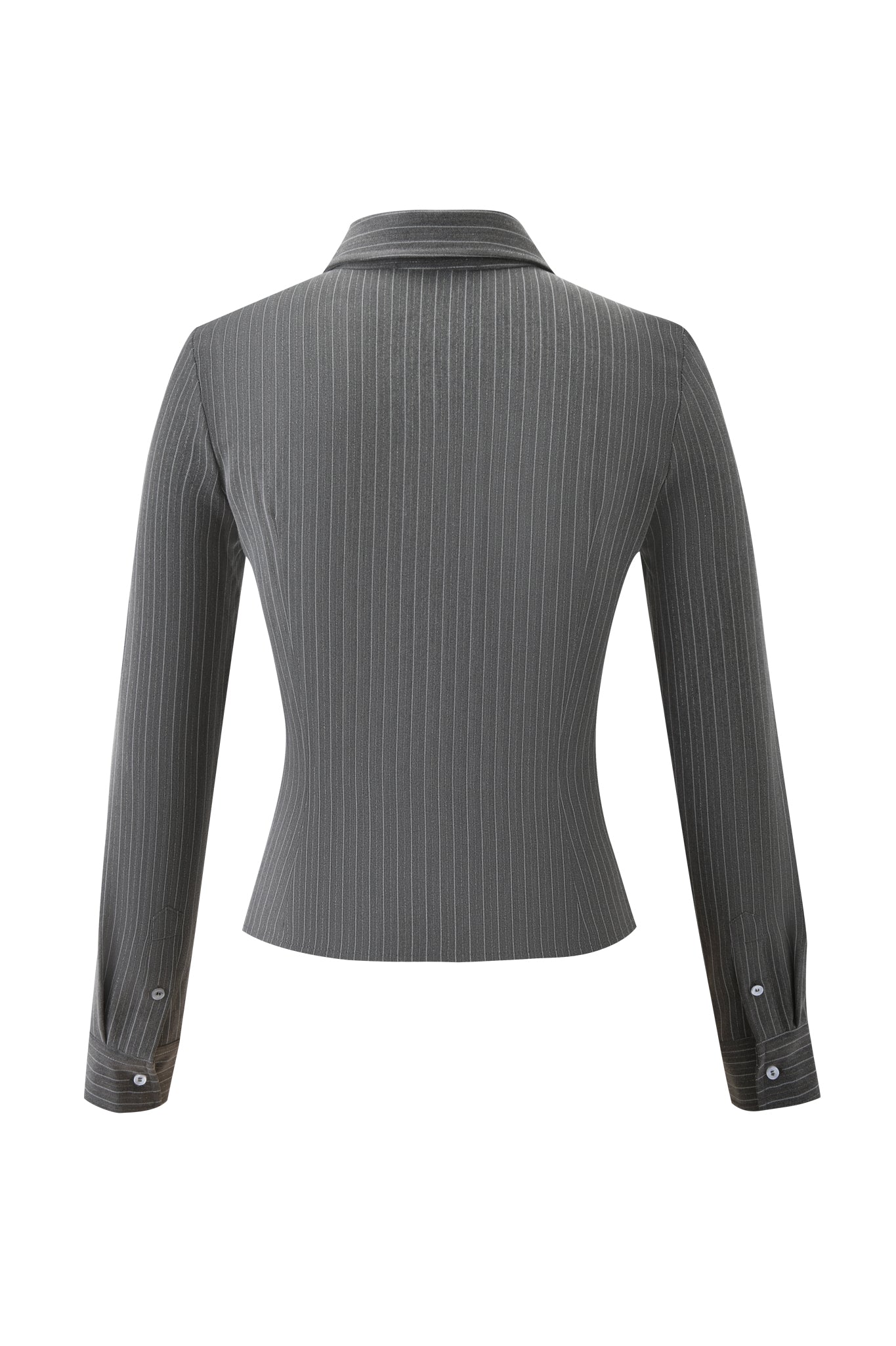 Back view of the MONICA SHIRT by I.AM.GIA in grey pinstripe, featuring a tailored fit, long sleeves, fitted waist, buttoned cuffs, and a notched collar.