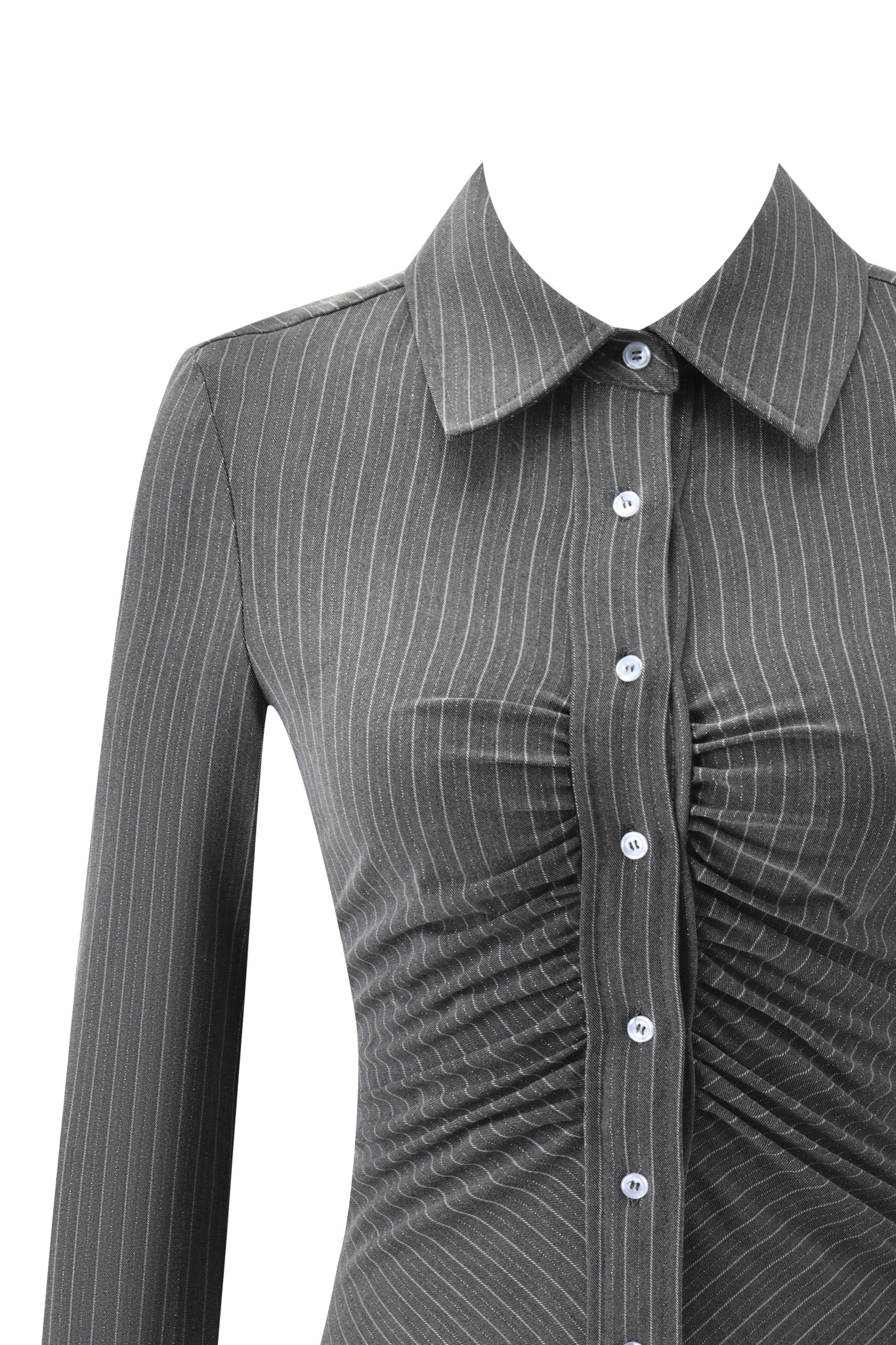 A close-up of the MONICA SHIRT - GREY PINSTRIPE by I.AM.GIA, featuring a tailored fit, white buttons, pointed collar, and front ruching. The background is white.