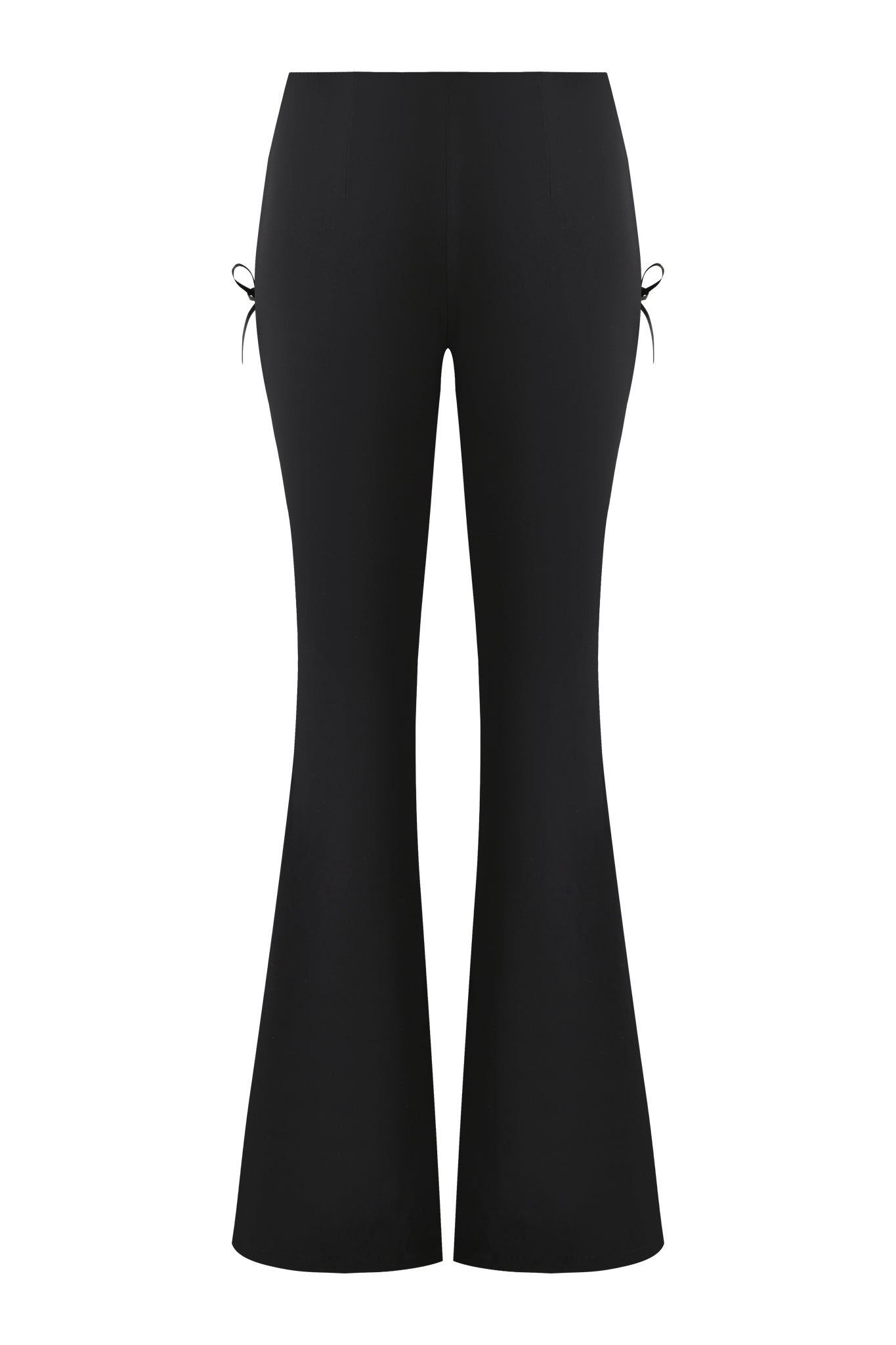 The I.AM.GIA SAMIRA PANT in black features a high-waisted, flared silhouette with a smooth finish and lace-up detailing on each hip, shown against a white background.
