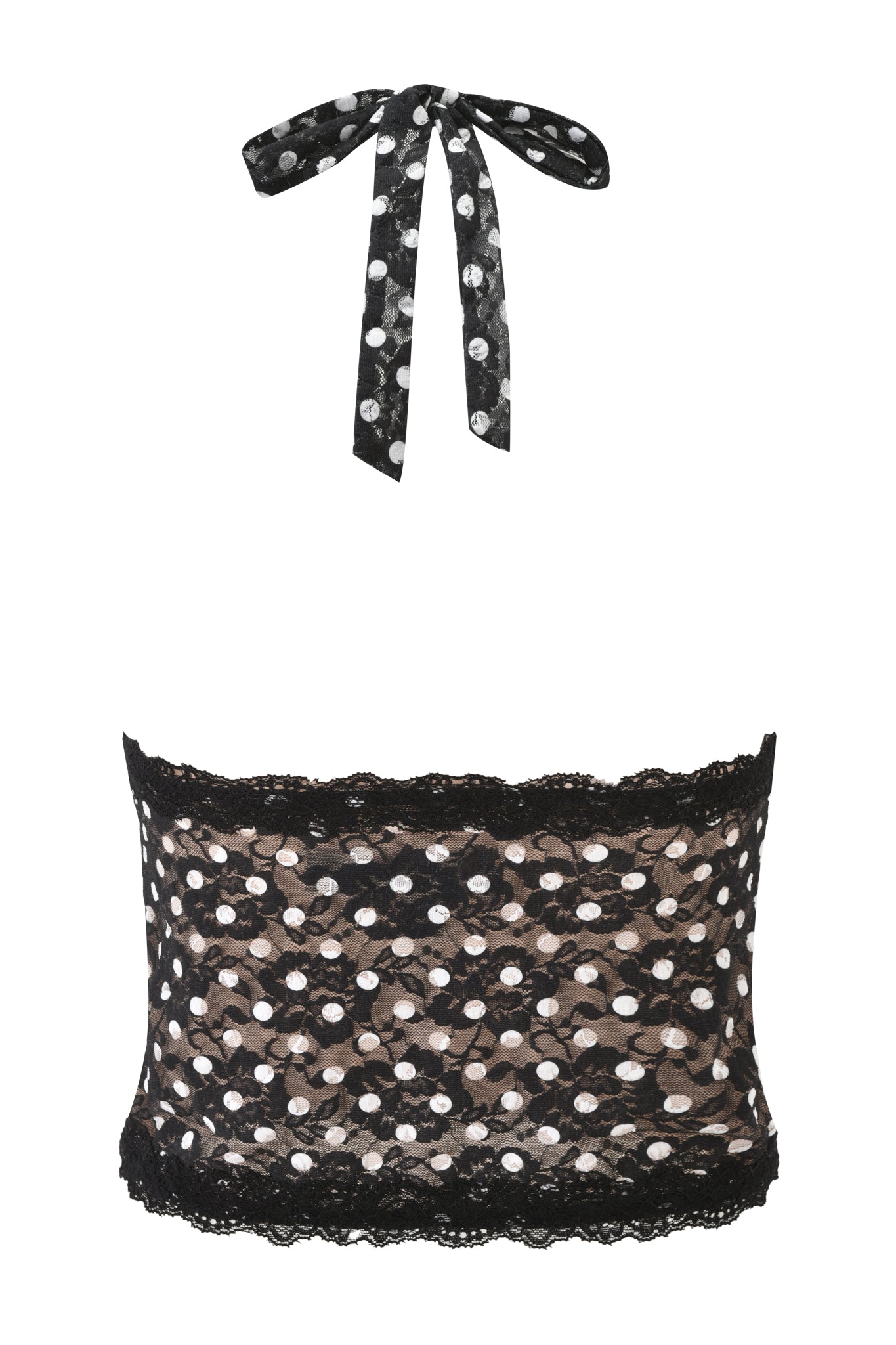 The GEM HALTER TOP - BLACK POLKA DOT by I.AM.GIA is a black lace bandeau bralette featuring white polka dots, scalloped lace trim on the edges, and a matching polka dot halter neck tie.