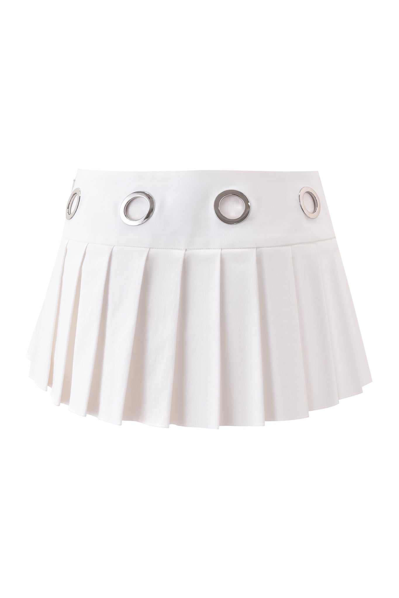The JAYMES SKORT - WHITE by I.AM.GIA is a white pleated mini skort with a wide, low-rise waistband accented by bold silver grommets along the top.
