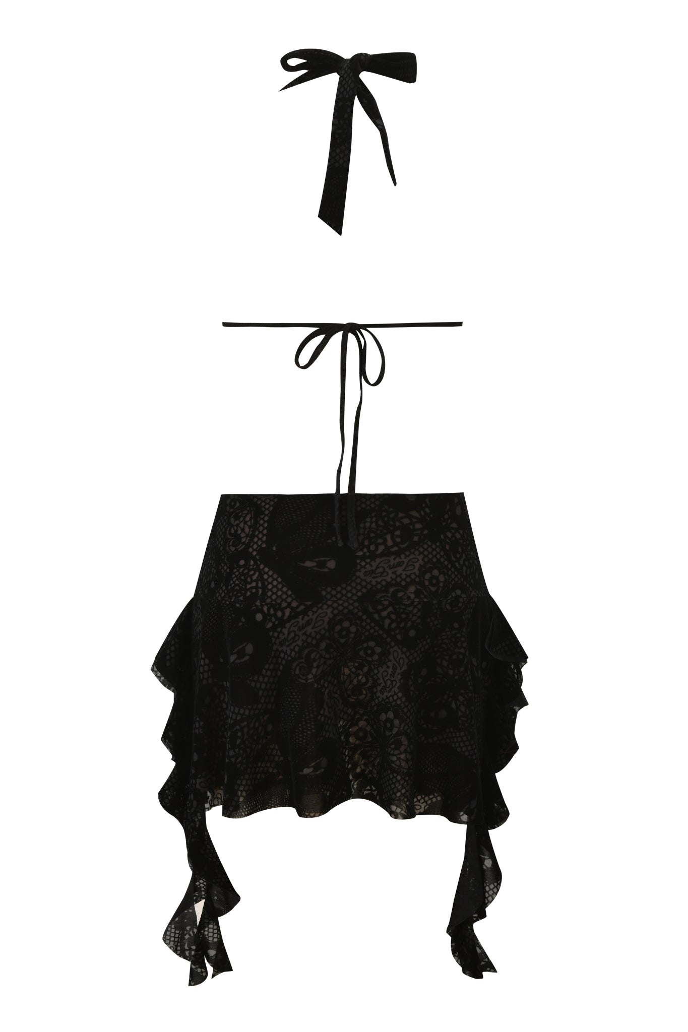 The IRISIA MINI DRESS - BURN OUT BLACK by I.AM.GIA is a black lace-inspired two-piece with a halter neck top featuring a bow tie and a high-waisted skirt with asymmetrical ruffled sides.