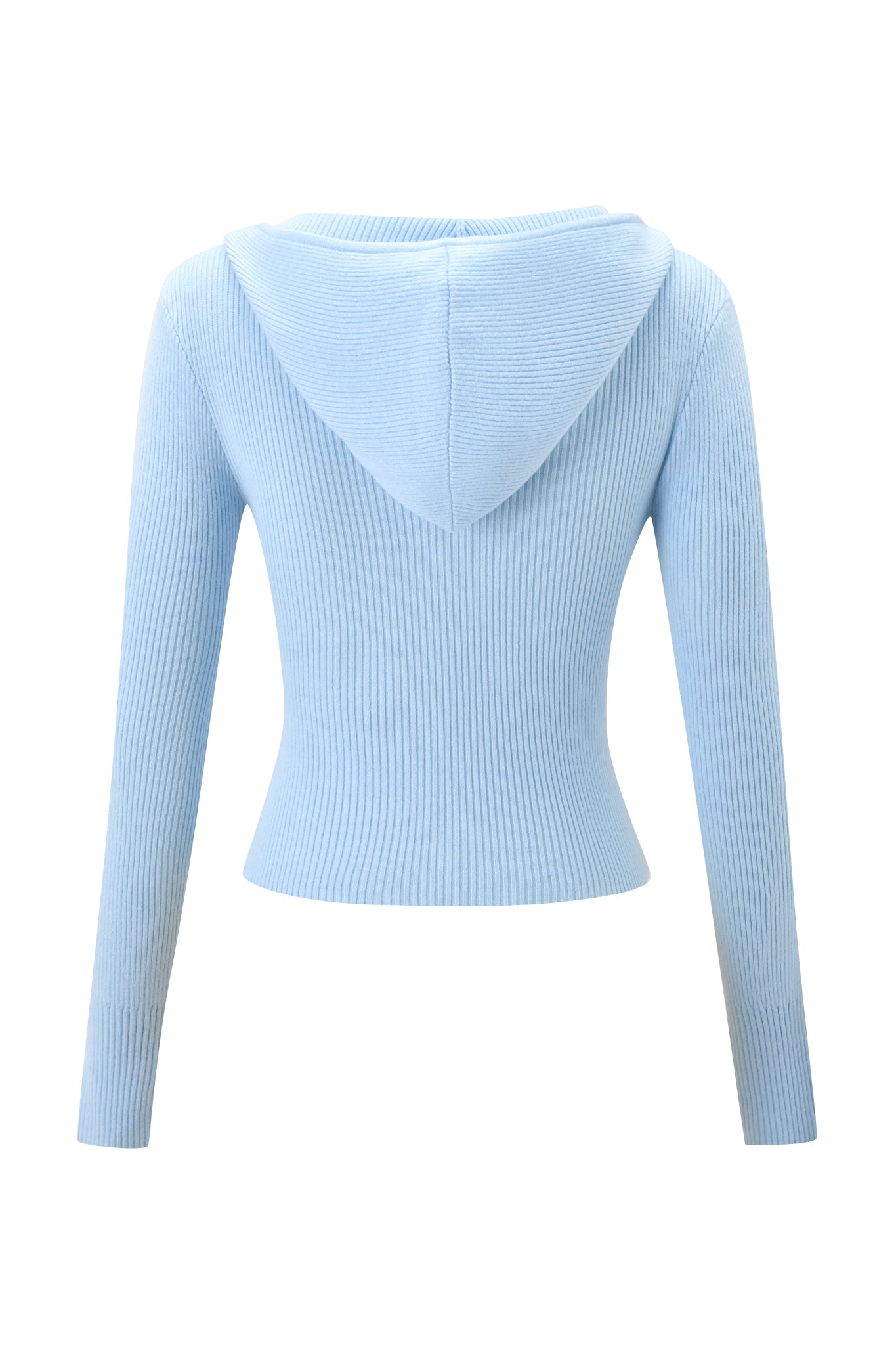 The BLARE KNIT HOODIE - BLUE by I.AM.GIA features a ribbed texture, long sleeves, fitted waist for a bodycon fit, and no visible closures. Shown from the back against a white background.