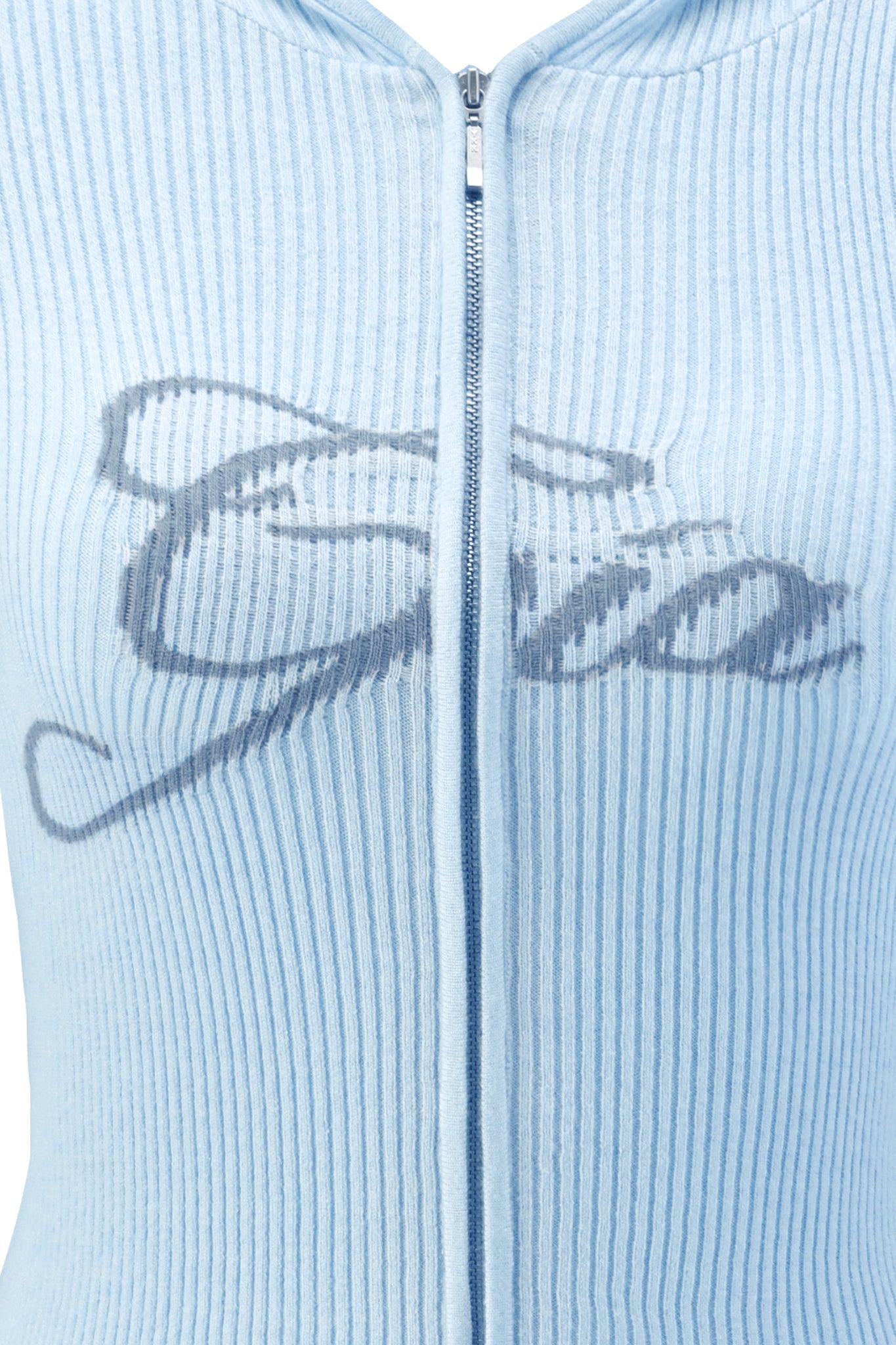 Close-up of the BLARE KNIT HOODIE - BLUE by I.AM.GIA, featuring ribbed fabric, a zip-up front, bodycon fit, and “Gia” in cursive gray font across the chest.