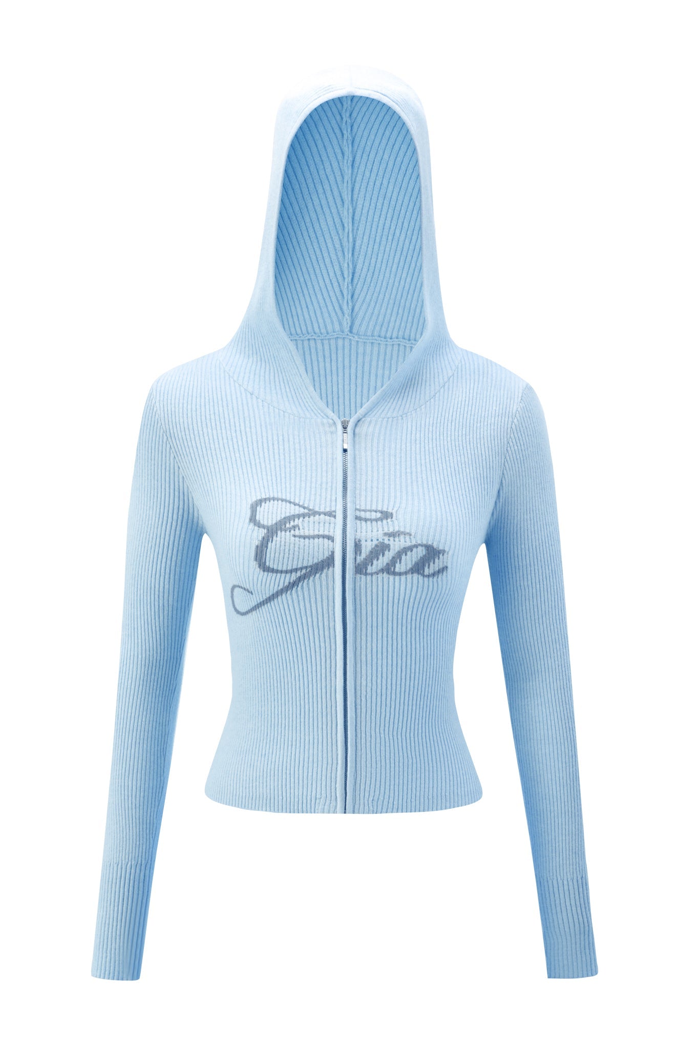 The BLARE KNIT HOODIE by I.AM.GIA features a light blue ribbed knit design, zip front, long sleeves, hood, and cropped fitted silhouette accented with dark blue stylized script for a trendy statement look.