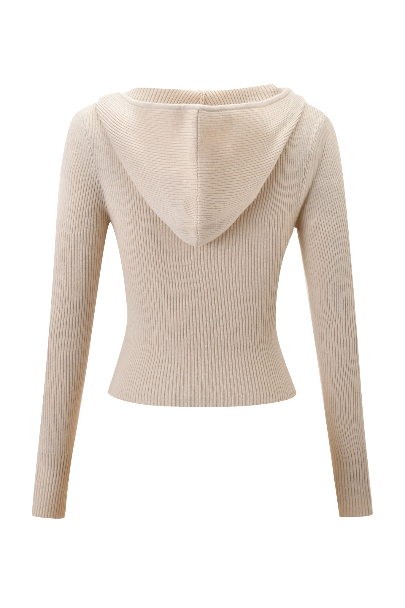 The I.AM.GIA BLARE KNIT HOODIE in cream features a ribbed design, fitted silhouette, long sleeves, cropped length, and hood, shown from the back against a white background.