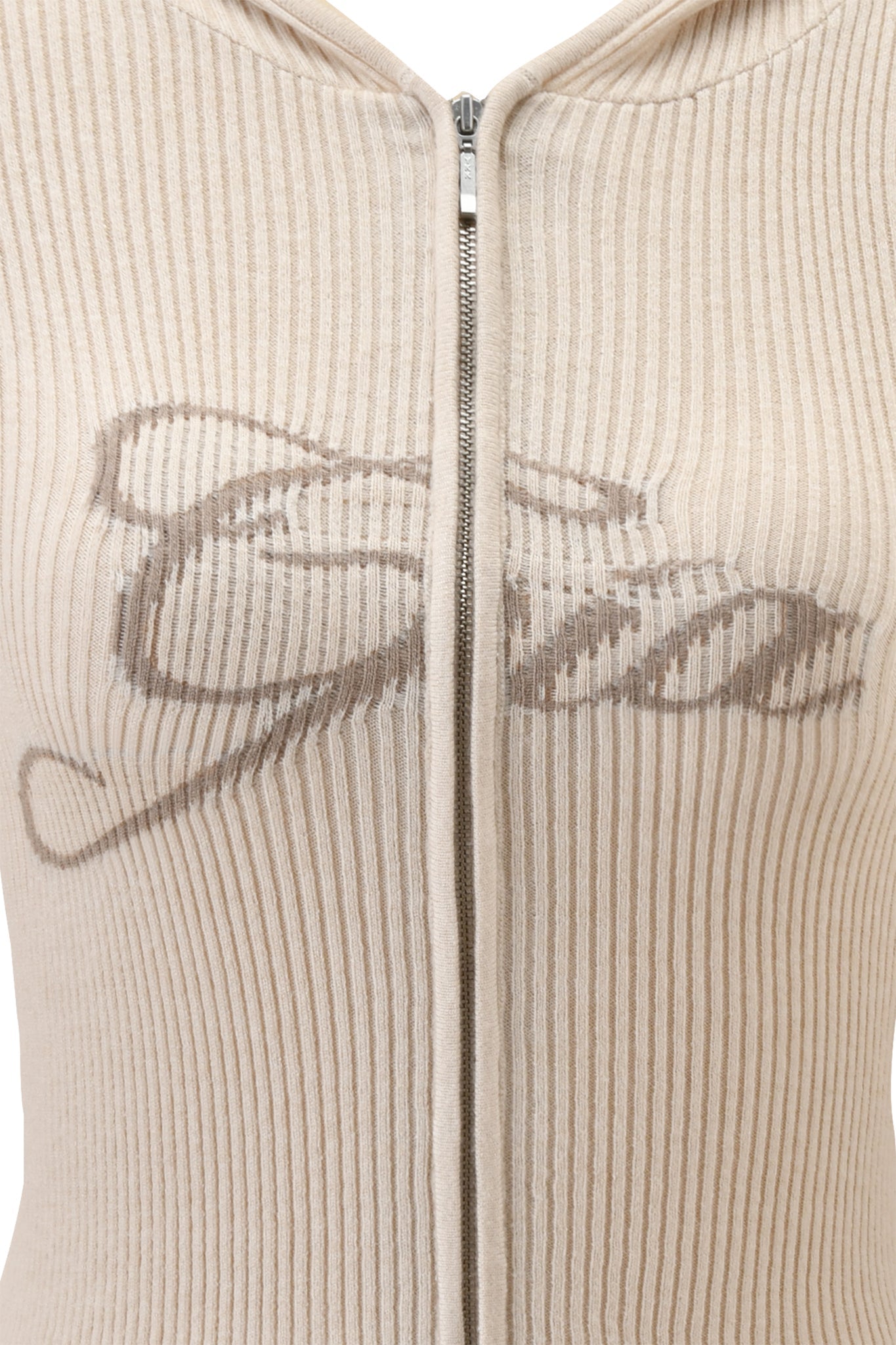 Close-up of the I.AM.GIA BLARE KNIT HOODIE in cream, featuring ribbed texture and an abstract brown embroidered design across the chest. The zip-up front adds a modern touch.