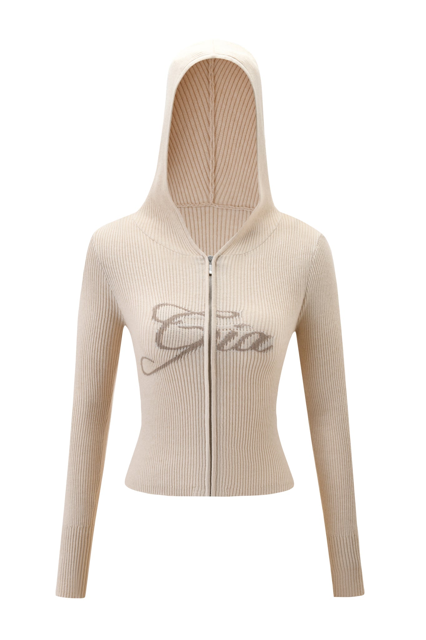 The BLARE KNIT HOODIE in cream by I.AM.GIA features a beige ribbed design, long sleeves, a hood, zip-up front, and an embroidered cursive "Gia" logo on the chest. This cozy knit sweater is shown on a white background.