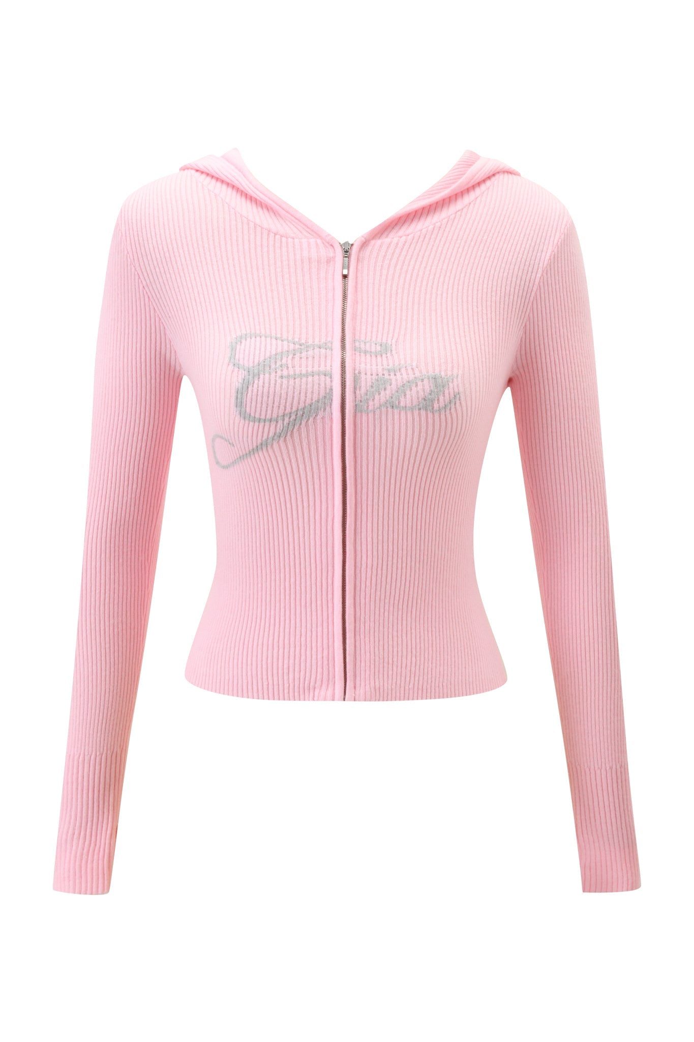 The BLARE KNIT HOODIE by I.AM.GIA is a light pink, long-sleeve knit hoodie featuring a ribbed design, fitted waist, and "Guess" in silver script across the chest.