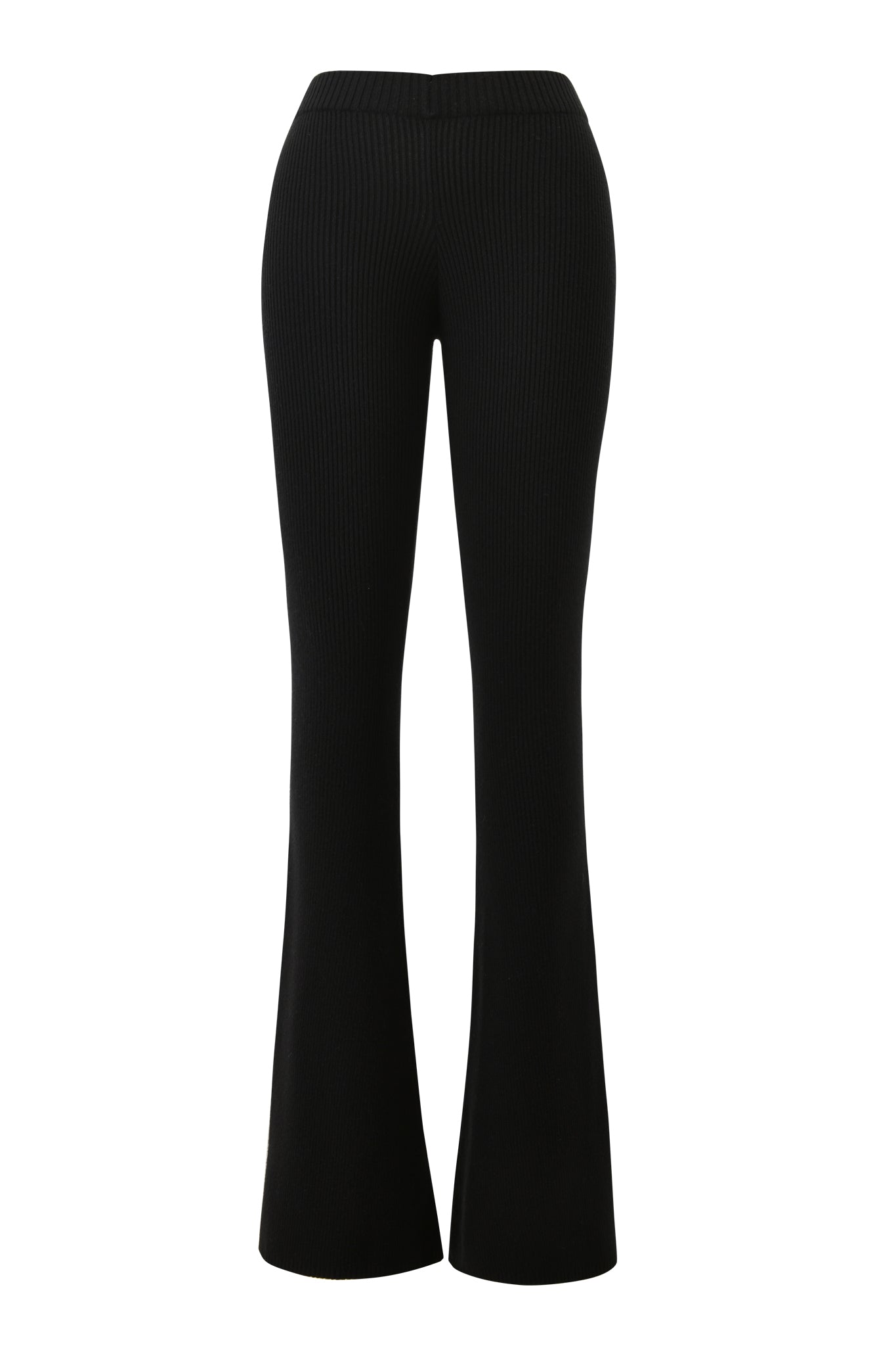 The BLARE KNIT TRACKPANT - BLACK by I.AM.GIA features a mid-rise elastic waistband, fitted thighs, and a subtle flare leg opening. With no visible pockets or embellishments, its minimalist design offers a sleek, modern look.