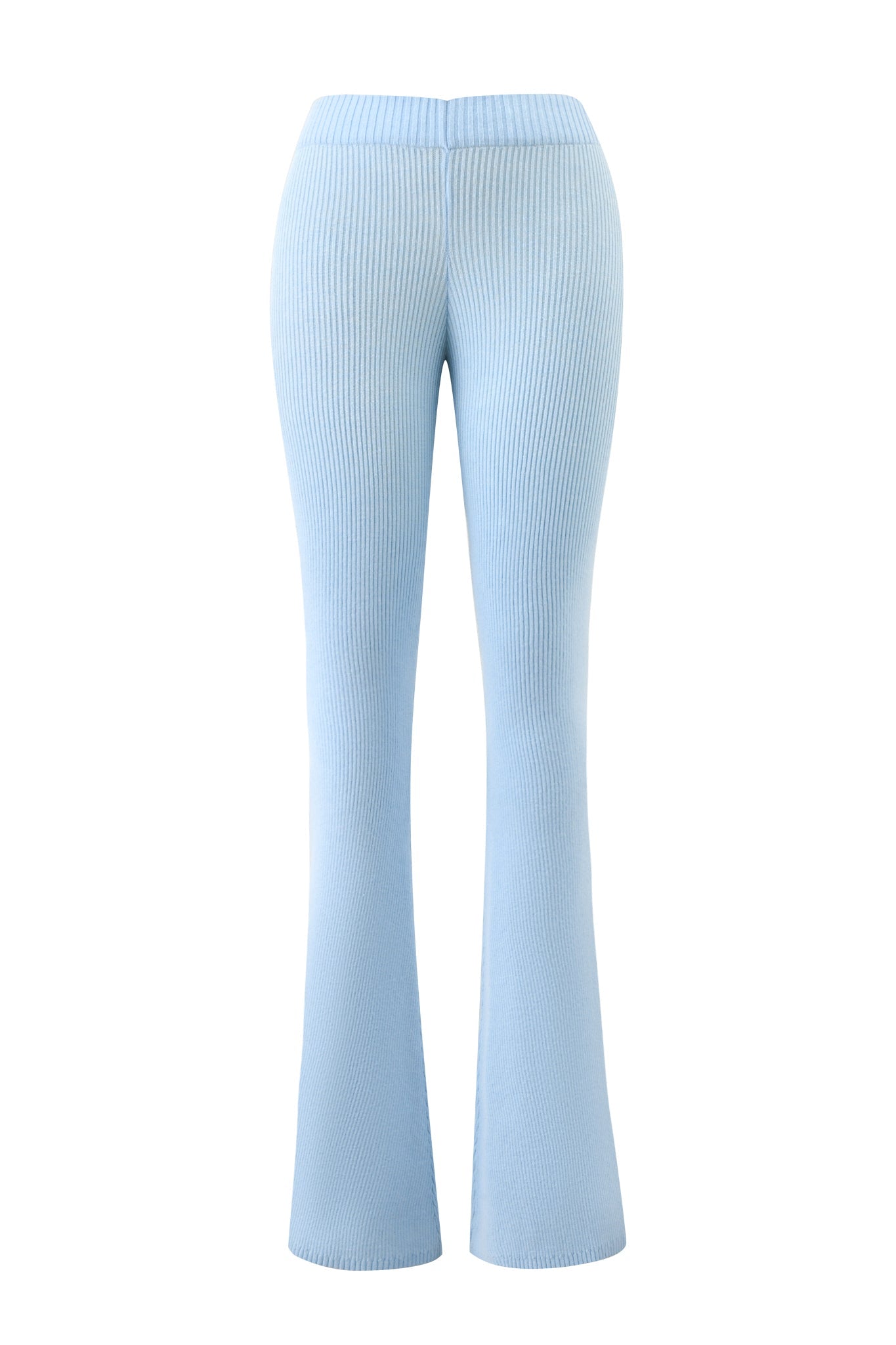 The BLARE KNIT TRACKPANT - BLUE by I.AM.GIA features a light blue ribbed knit, high waist, and flare legs, shown on a plain white background.