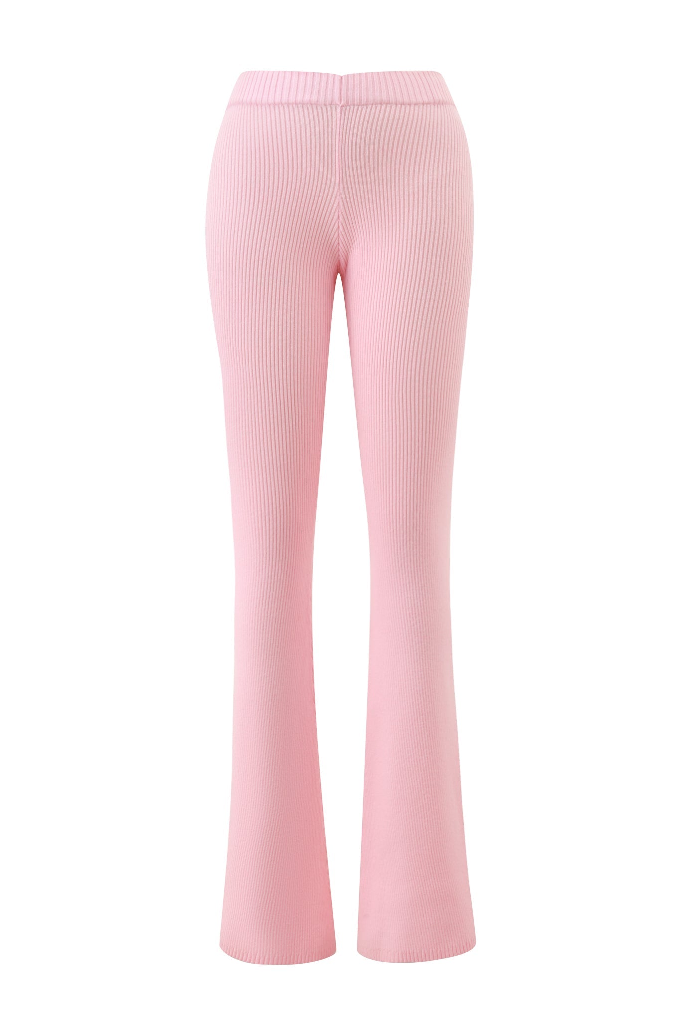 The I.AM.GIA BLARE KNIT TRACKPANT in light pink features a ribbed knit, high waist, and flared legs, shown on a white background.