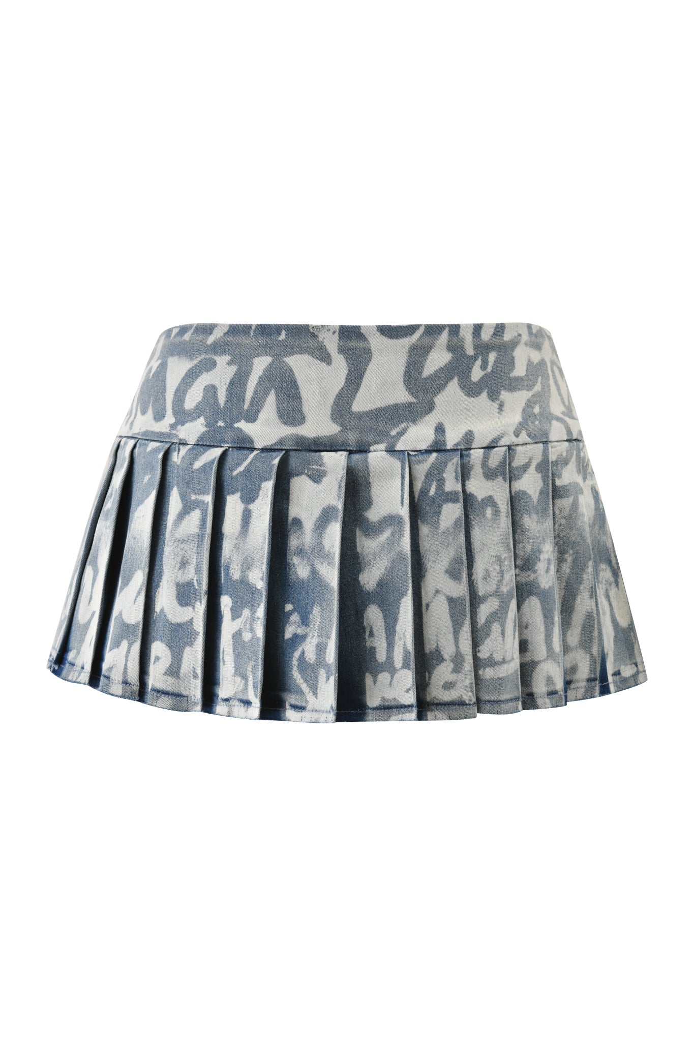The I.AM.GIA REMINI DISTRESSED DENIM SKORT - GRAFFITI LIGHT WASH features a wide waistband and all-around pleats with a blue and white graffiti print, adding an edgy, playful vibe.