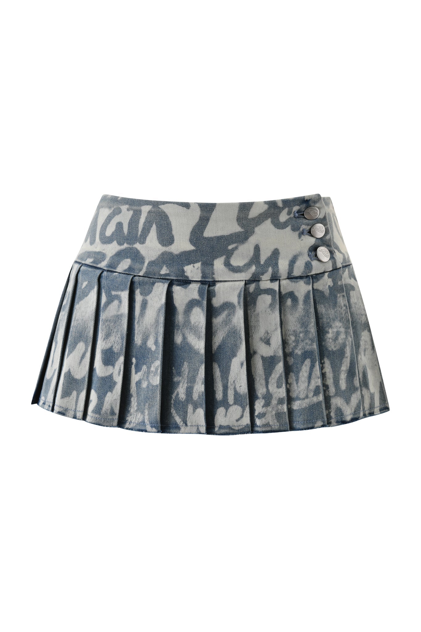 The I.AM.GIA REMINI DISTRESSED DENIM SKORT in Graffiti Light Wash features an abstract blue and white graffiti print, three silver buttons on the waistband, and a pleated skirt design.