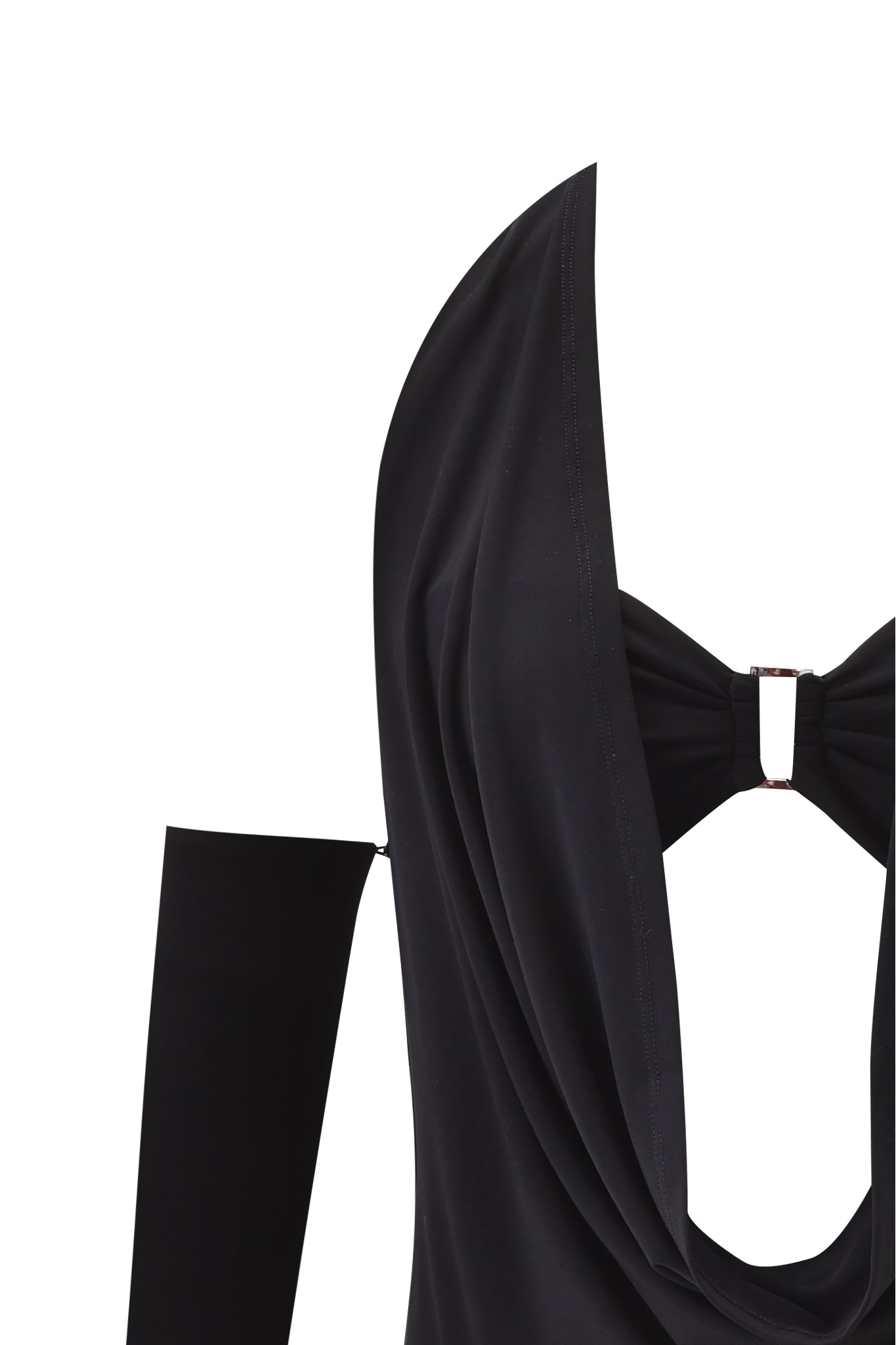 Close-up of the DREW 3 PIECE TOP – BLACK by I.AM.GIA, featuring a draped neckline, open shoulder sleeve, keyhole chest cutout, and a small metallic rectangular detail at the center.