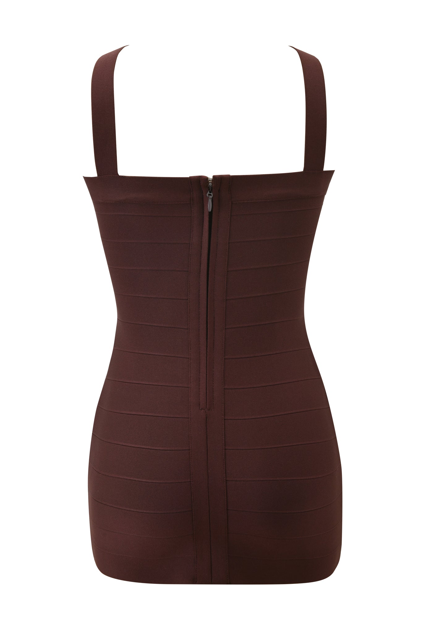 The VESPERA BANDAGE MINI DRESS by I.AM.GIA in brown features a back zipper, wide shoulder straps, horizontal banded detailing, and a premium knit bodycon silhouette for a sleek look.