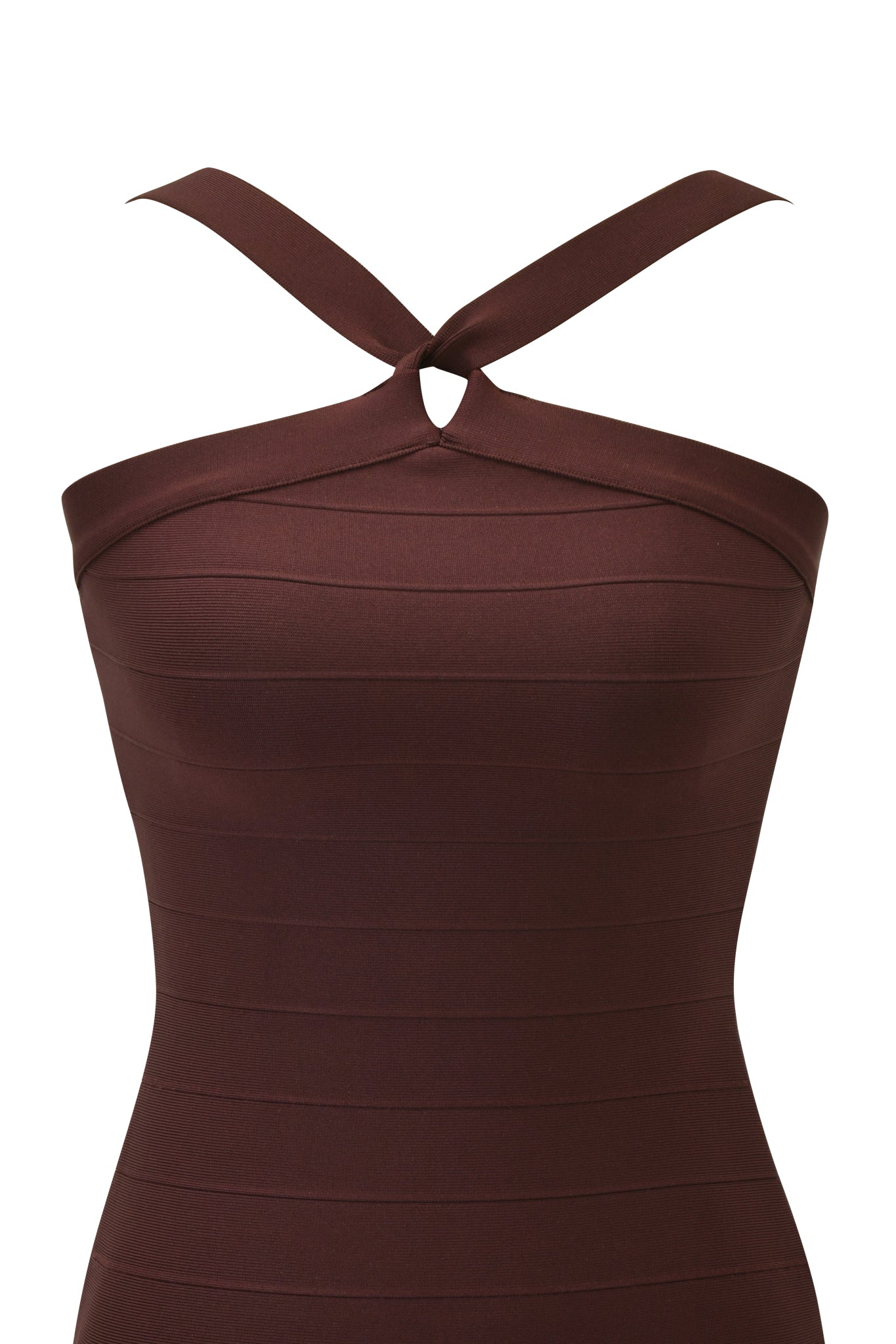 The VESPERA BANDAGE MINI DRESS by I.AM.GIA is a sleeveless, fitted dark brown mini dress with a bodycon silhouette and textured halter neckline, featuring two wide straps crossing at the neck and meeting at a central loop.