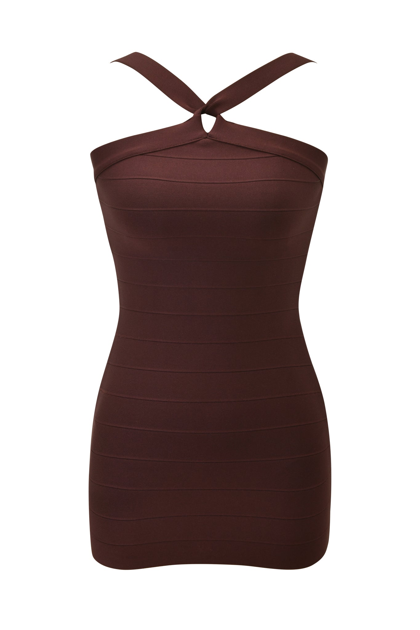 The VESPERA BANDAGE MINI DRESS by I.AM.GIA is a brown, halter neck bodycon mini dress that hugs your curves for a chic, sophisticated look.