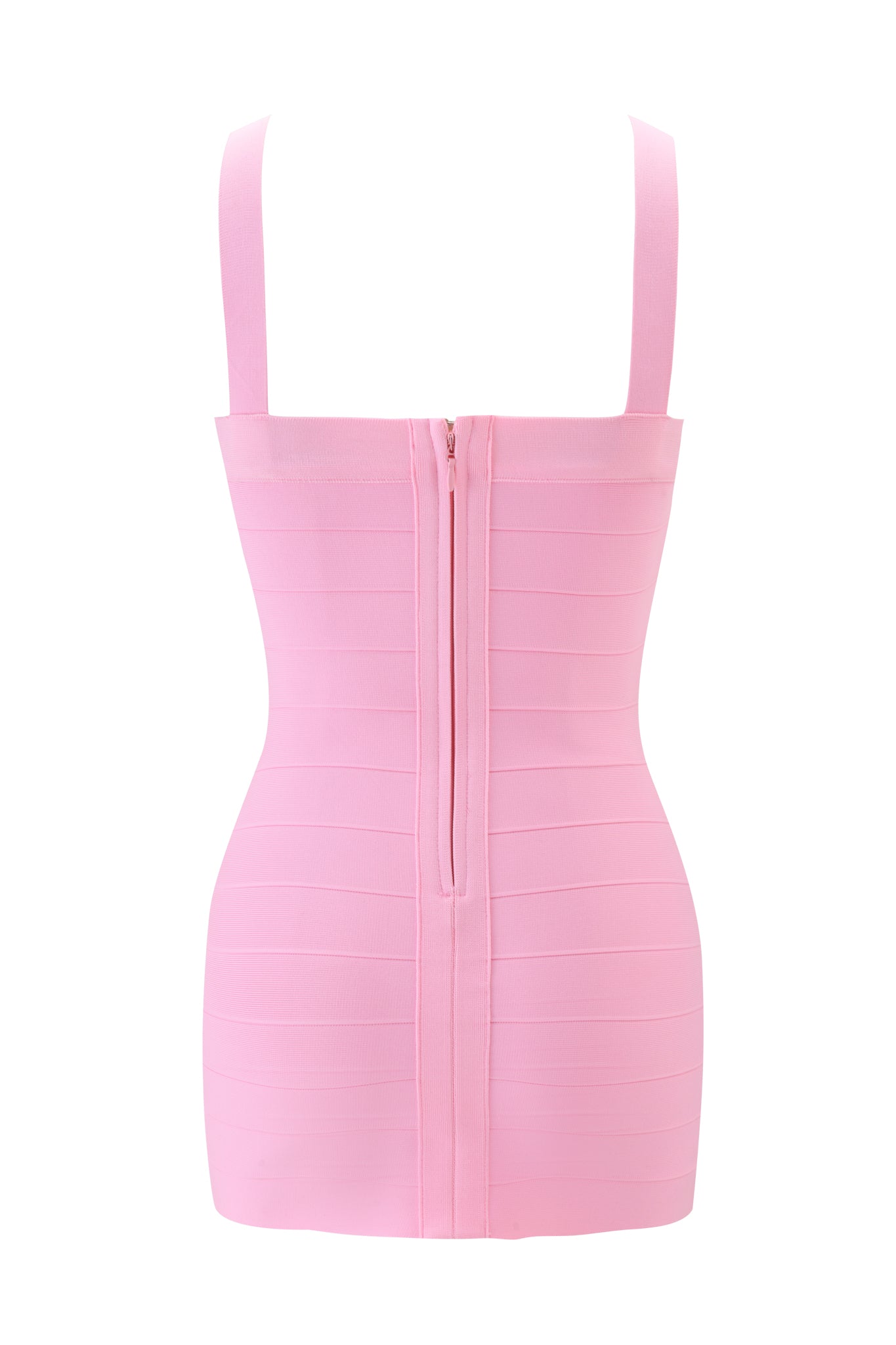 The VESPERA BANDAGE MINI DRESS by I.AM.GIA in pink features wide shoulder straps, a fitted sleeveless bodycon silhouette, and a central exposed back zipper.
