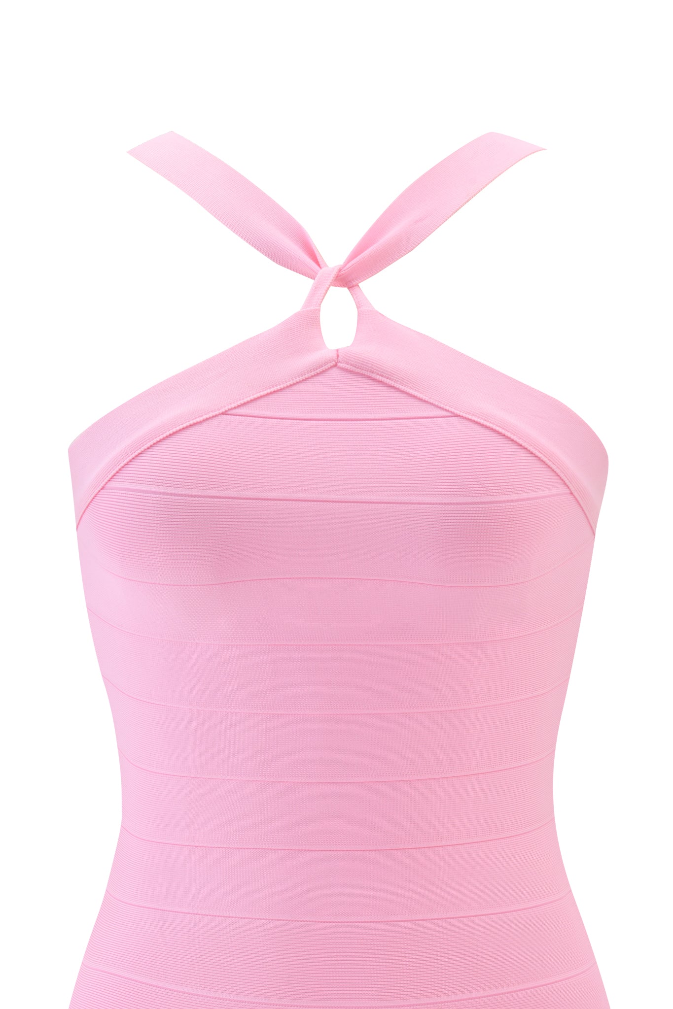 The I.AM.GIA VESPERA BANDAGE MINI DRESS in pink is a fitted, ribbed mini dress with a light pink hue, halter straps, sleeveless design, and a criss-cross neckline that ties in front for a sleek, minimalist look.