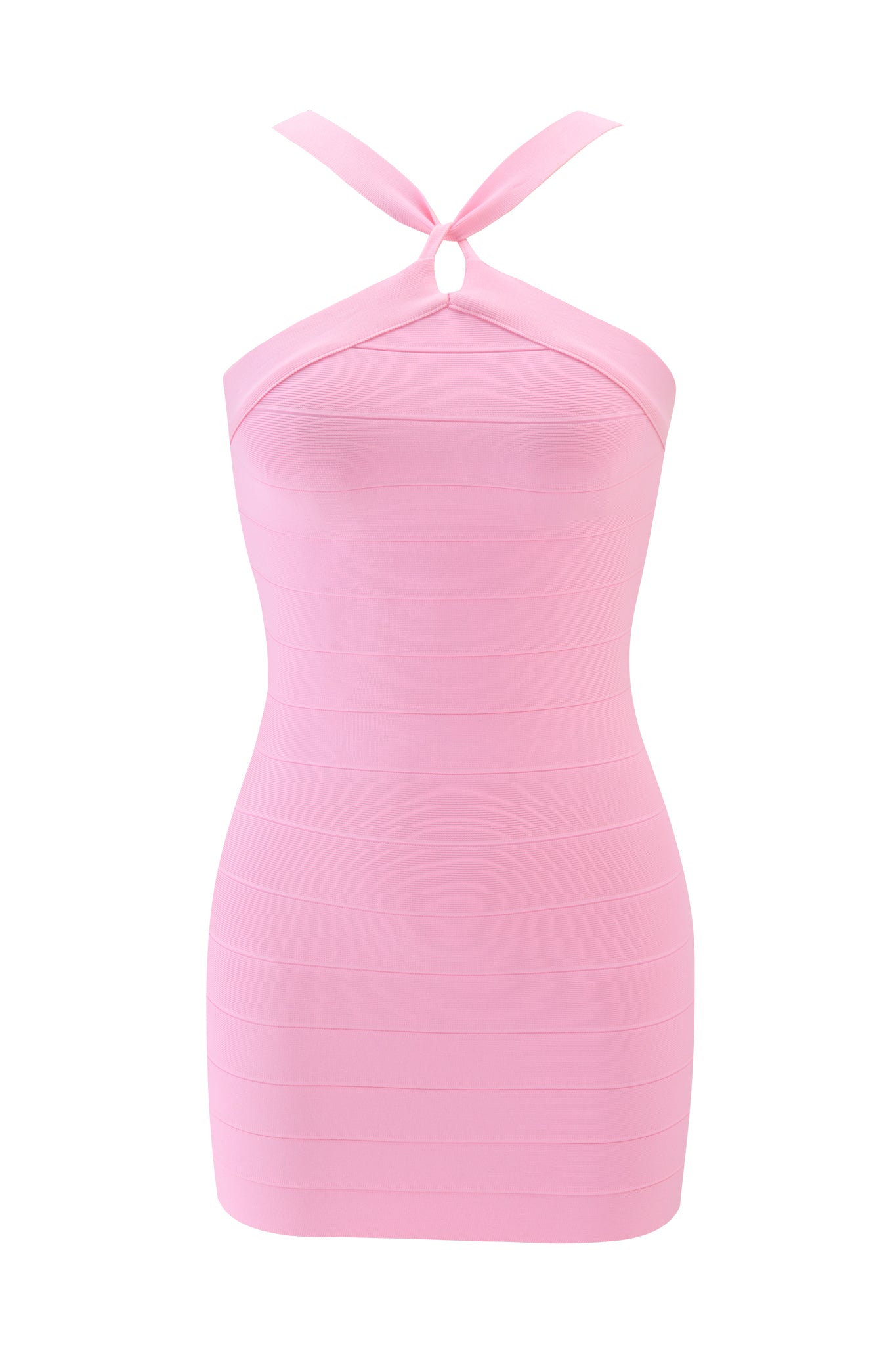 The I.AM.GIA VESPERA BANDAGE MINI DRESS in pink is a sleeveless, form-fitting mini dress with a halter neckline and keyhole cutout, shown on a plain white background.