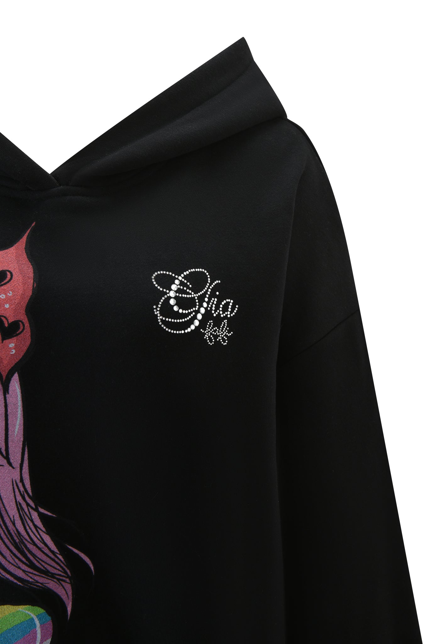 Close-up of the I.AM.GIA FAFI HOODIE in black, featuring an oversized fit, rhinestone "Chas Bok" design, small chest graphic, and a touch of colorful Fafinette-inspired print on the left.